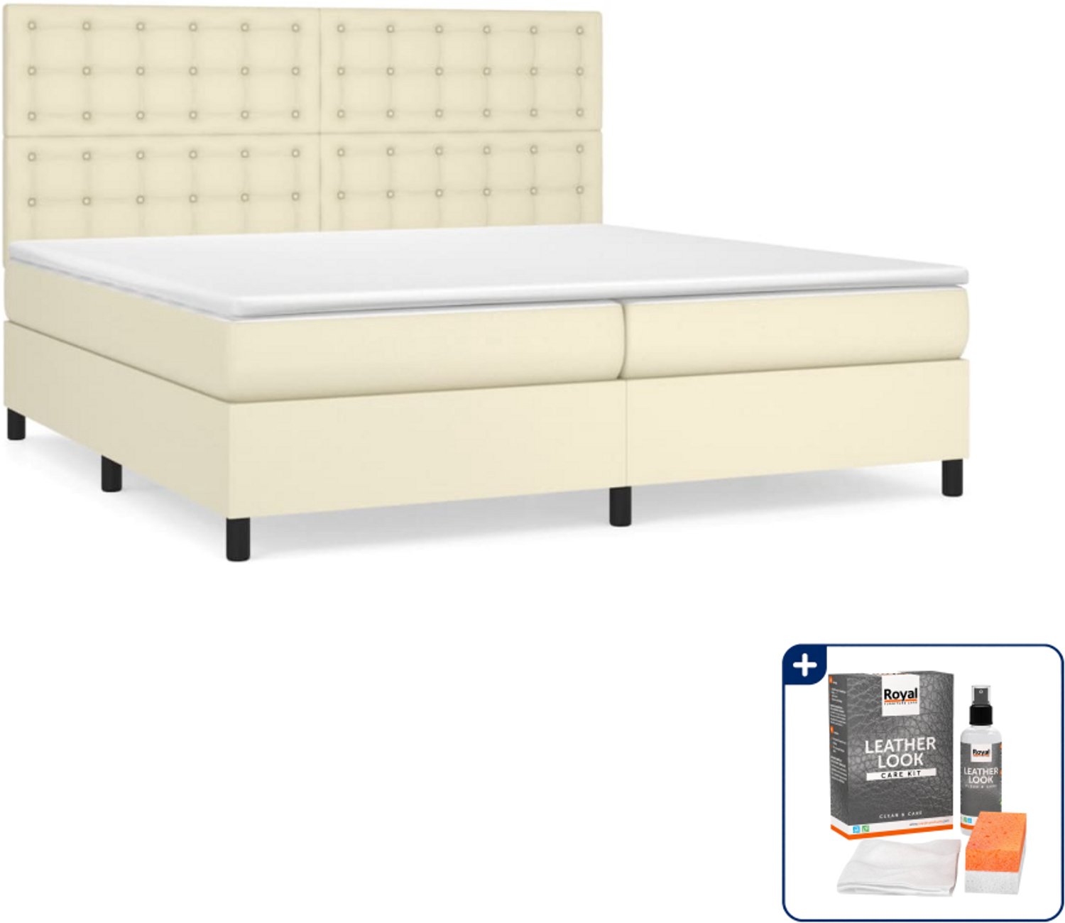 vidaXL boxspring met matras - 200 x 200 cm - kunstleer - crème - Inclusief onderhoudsset voor kunstleer 150 ml