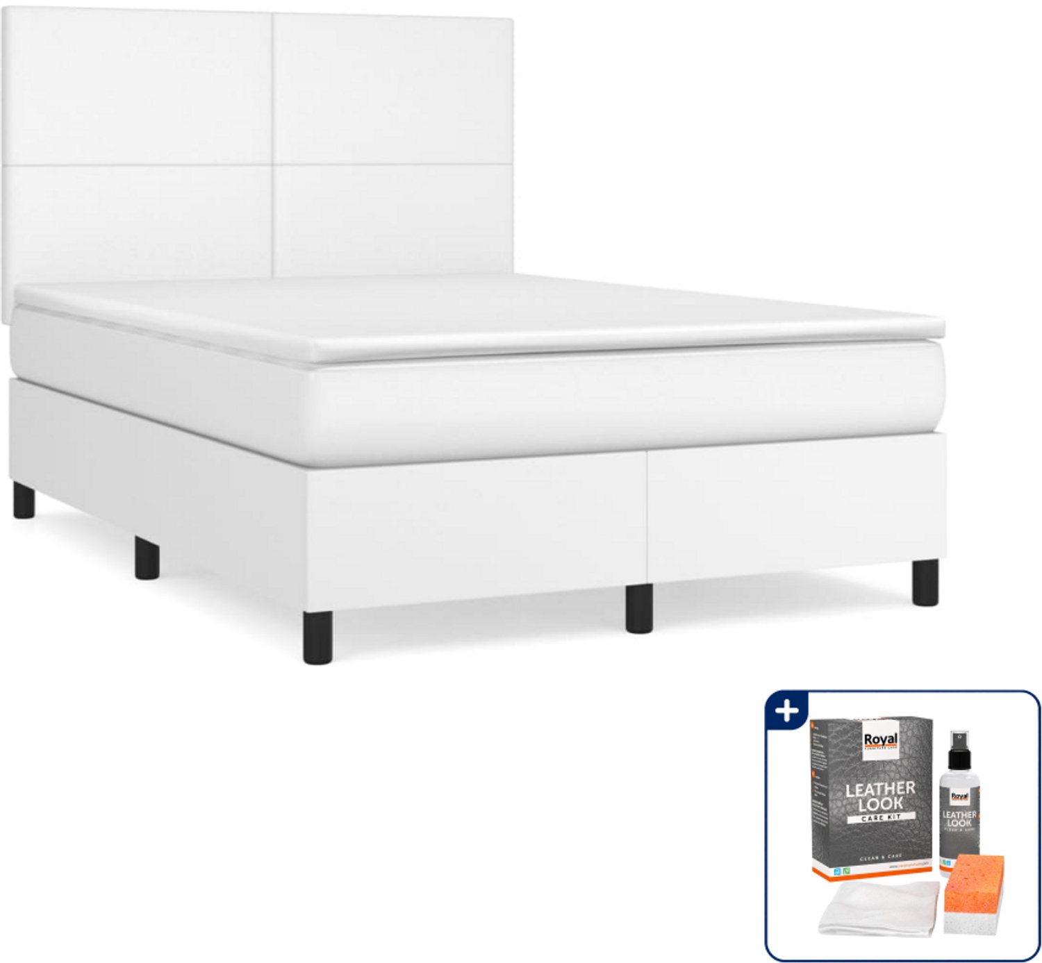 vidaXL boxspring met matras 140 x 190 cm - kunstleer - wit - Inclusief onderhoudsset voor kunstleer 150 ml