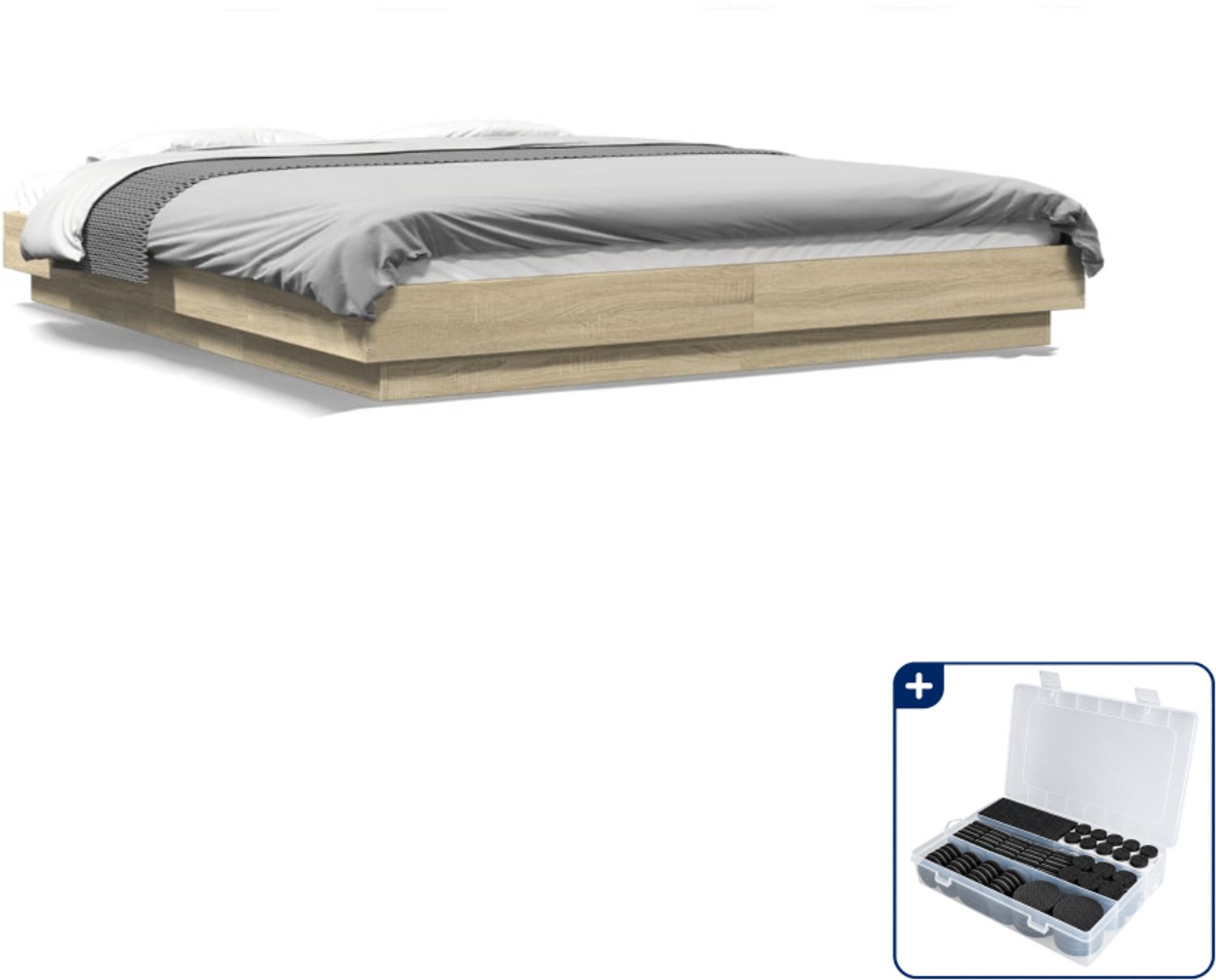 vidaXL Bedframe - 150 x 200 cm - bewerkt hout - sonoma eiken - Inclusief antikrasvilt 177-delig Grijs