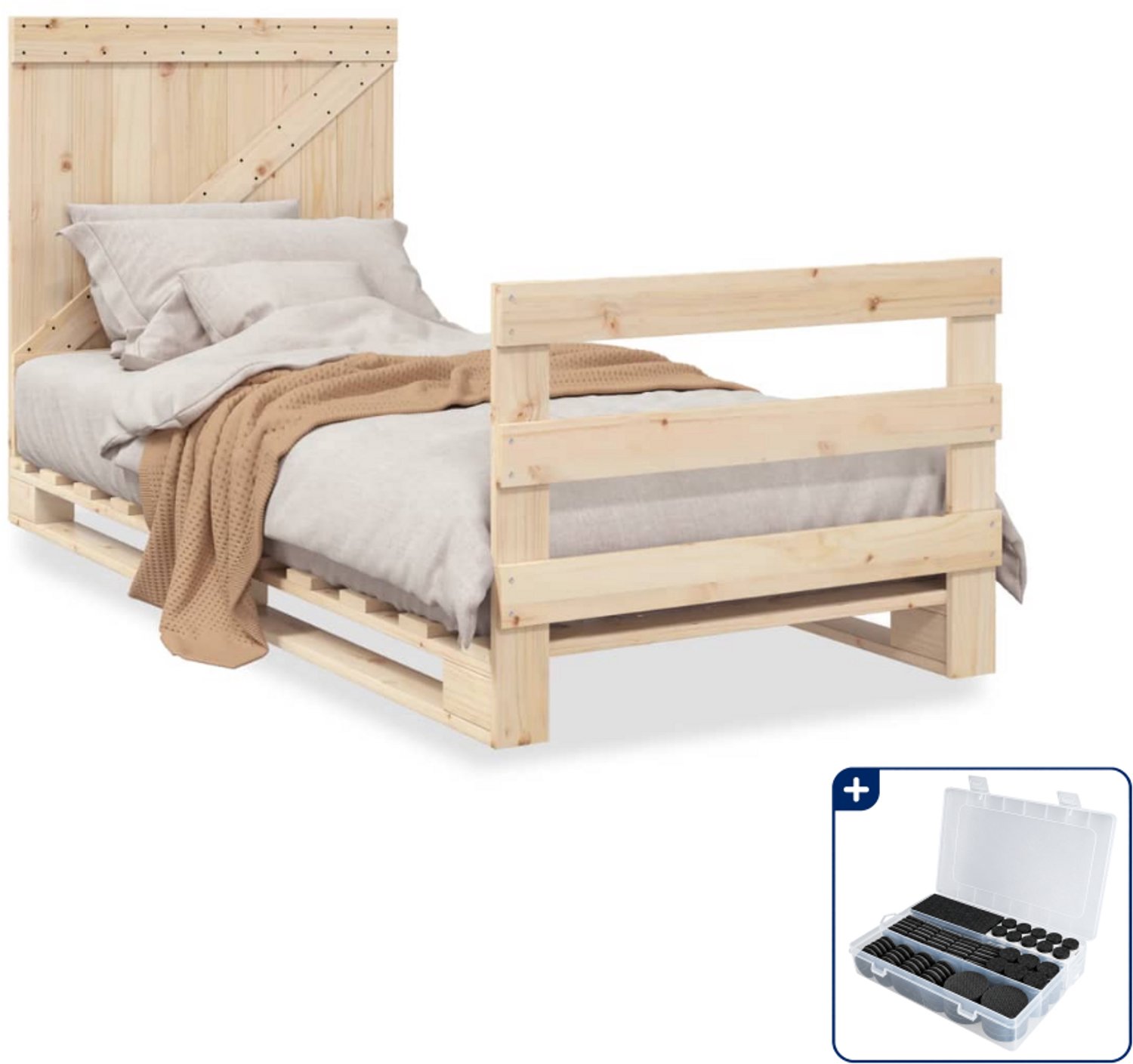 vidaXL bedframe met hoofdbord - 90 x 200 cm - massief grenenhout - Inclusief antikrasvilt 177-delig Bruin
