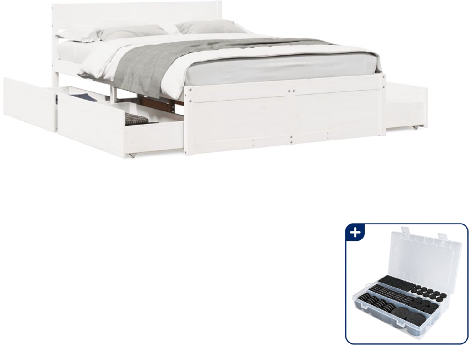 vidaXL Bedframe - 140 x 190 cm - massief grenenhout - wit - Inclusief antikrasvilt 177-delig Zwart