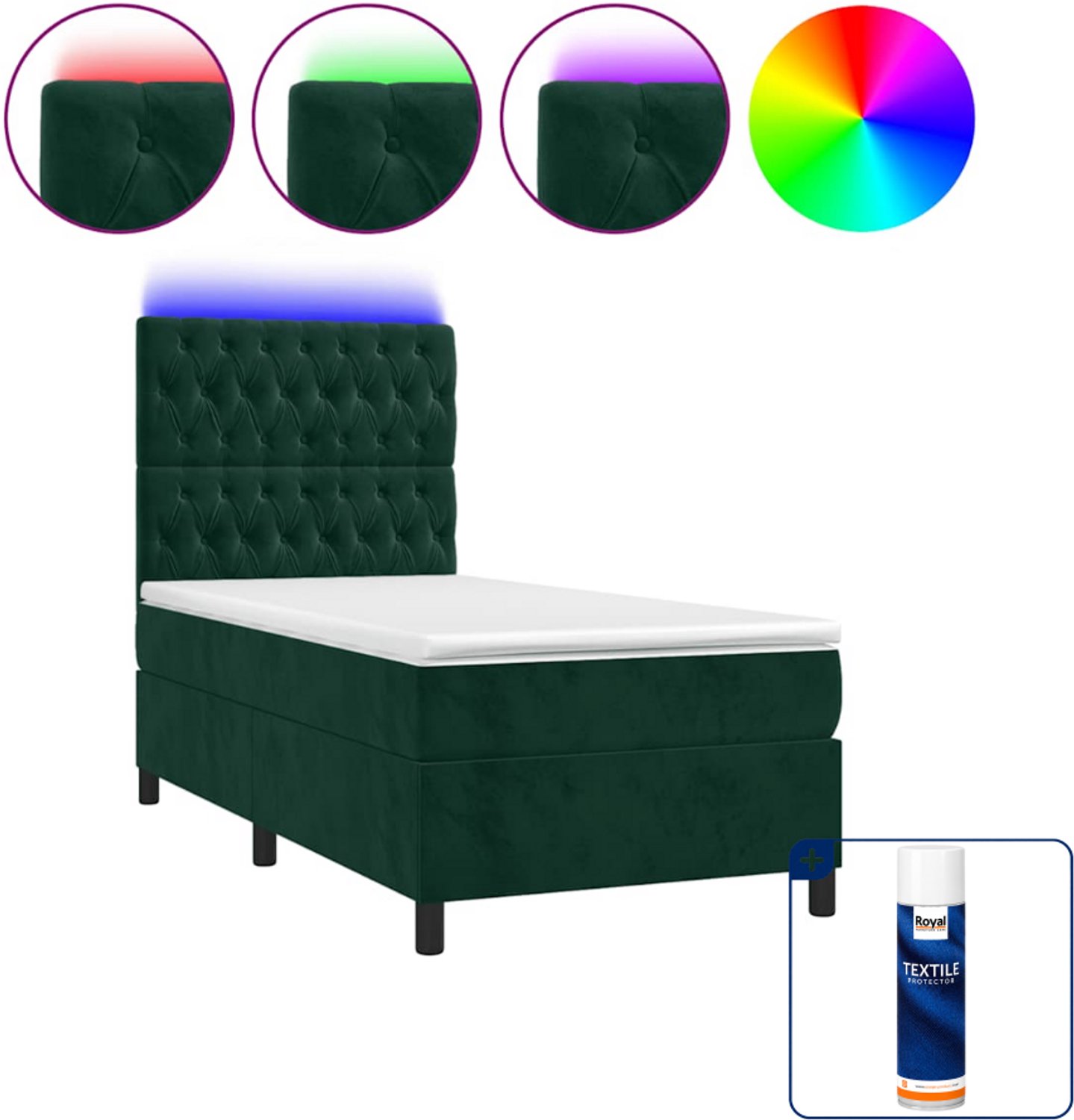 vidaXL boxspring met matras en led - 80 x 200 cm - fluweel - donkergroen - Inclusief textielbeschermer 500 ml