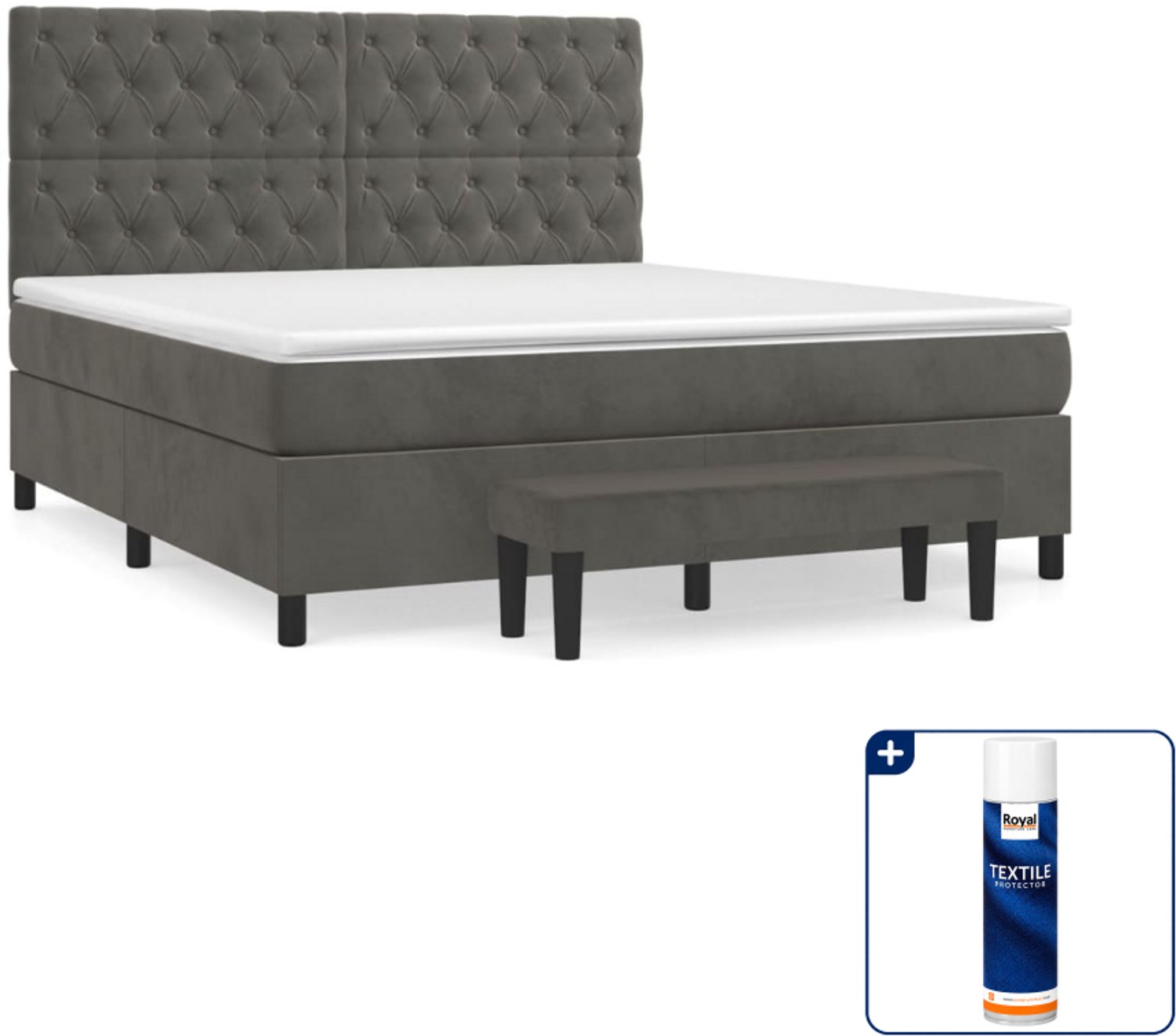 vidaXL Queensize boxspring met matras - 160 x 200 cm - fluweel - donkergrijs - Inclusief textielbeschermer 500 ml