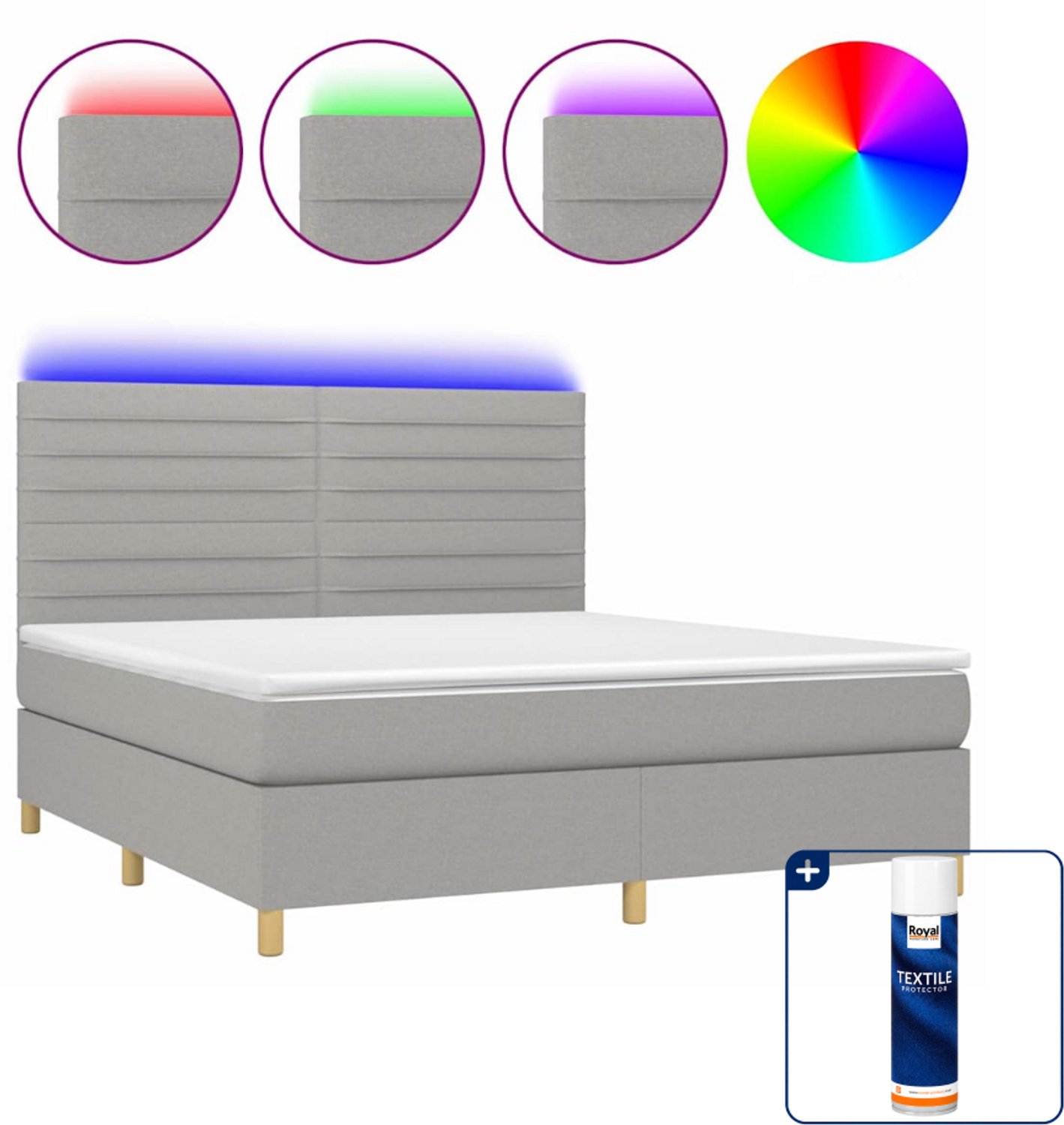 vidaXL boxspring met matras en LED - Queensize - 160 x 200 cm - lichtgrijs - Inclusief textielbeschermer 500 ml