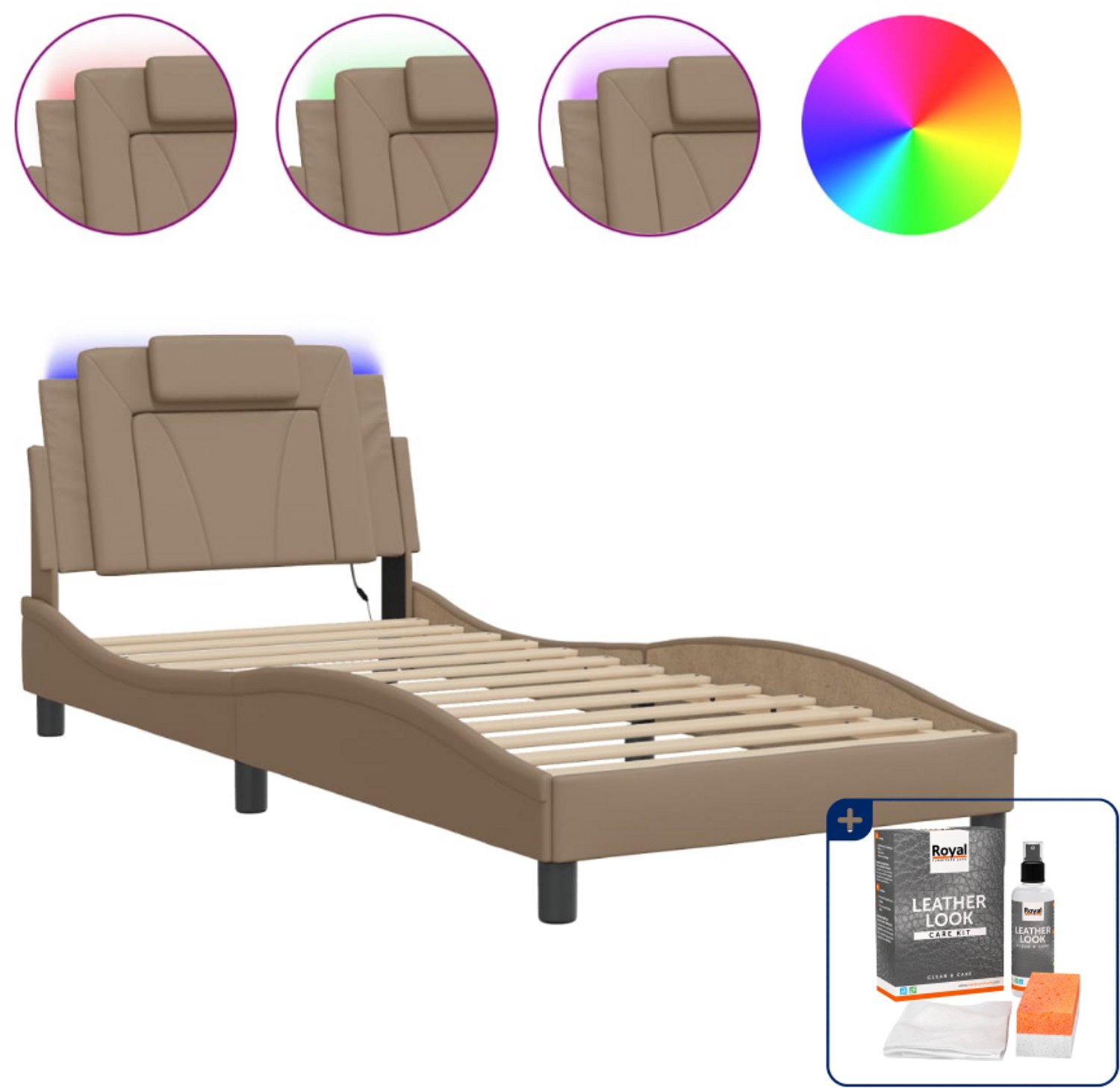 vidaXL Viana bedframe met LED - 80 x 200 cm - cappuccino - Inclusief onderhoudsset voor kunstleer 150 ml Bruin