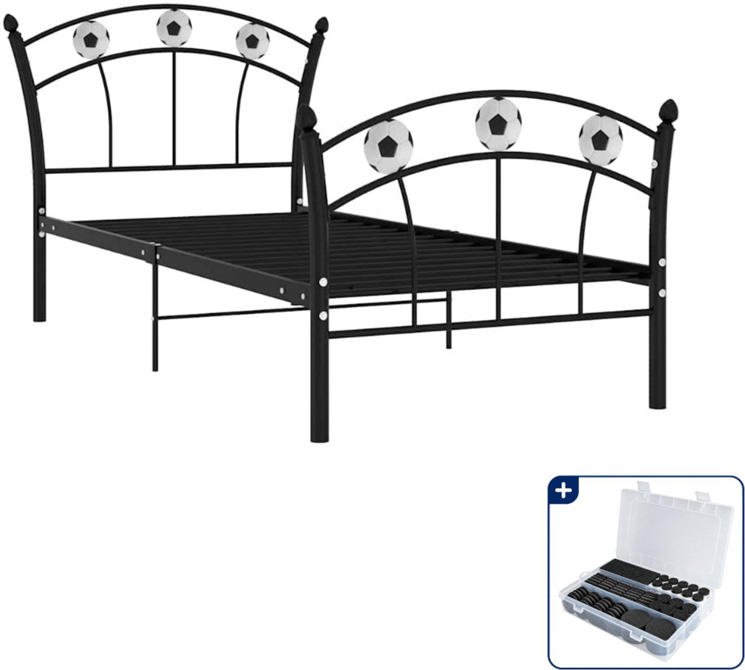 vidaXL bedframe voetbaldesign - 90 x 200 cm - metaal - zwart - Inclusief antikrasvilt 177-delig