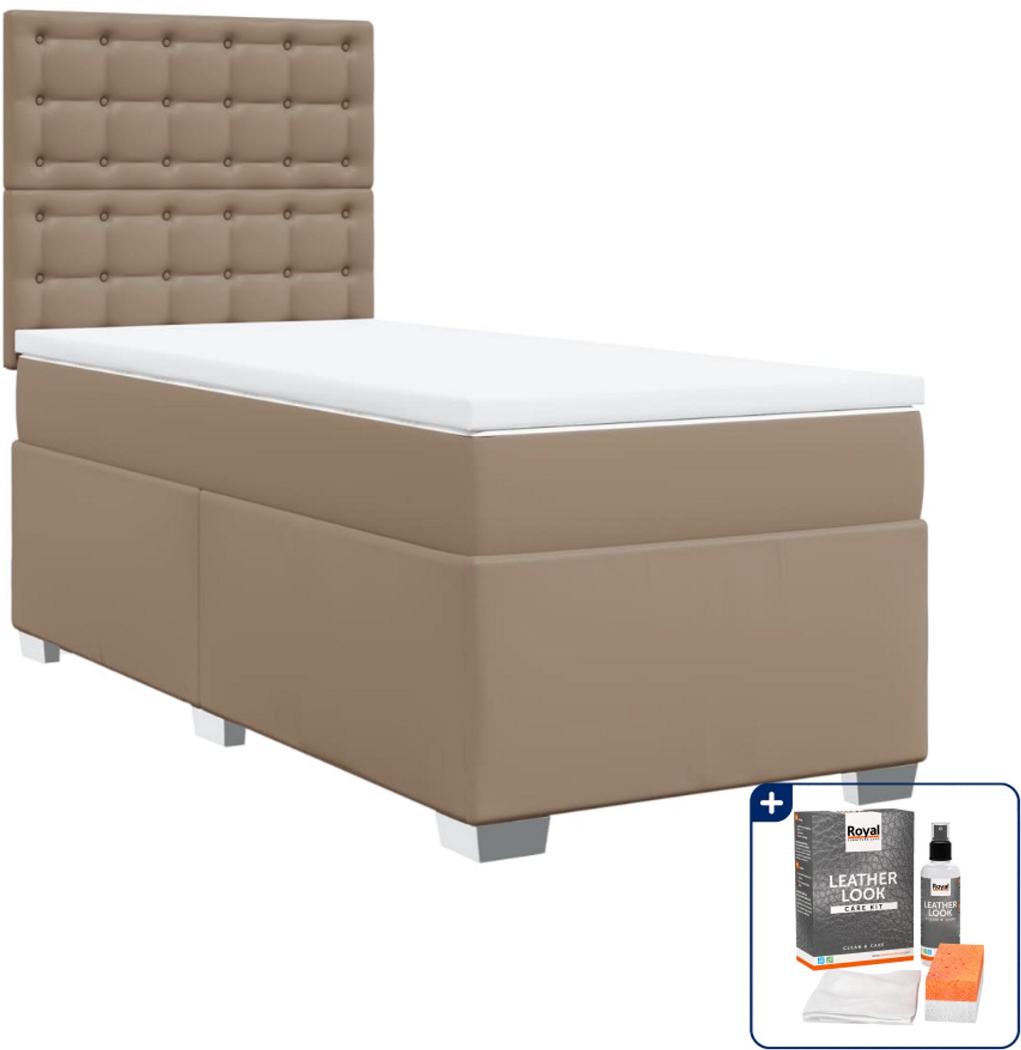vidaXL boxspring met matras 90 x 190 cm - kunstleer - cappuccino - Inclusief onderhoudsset voor kunstleer 150 ml Bruin