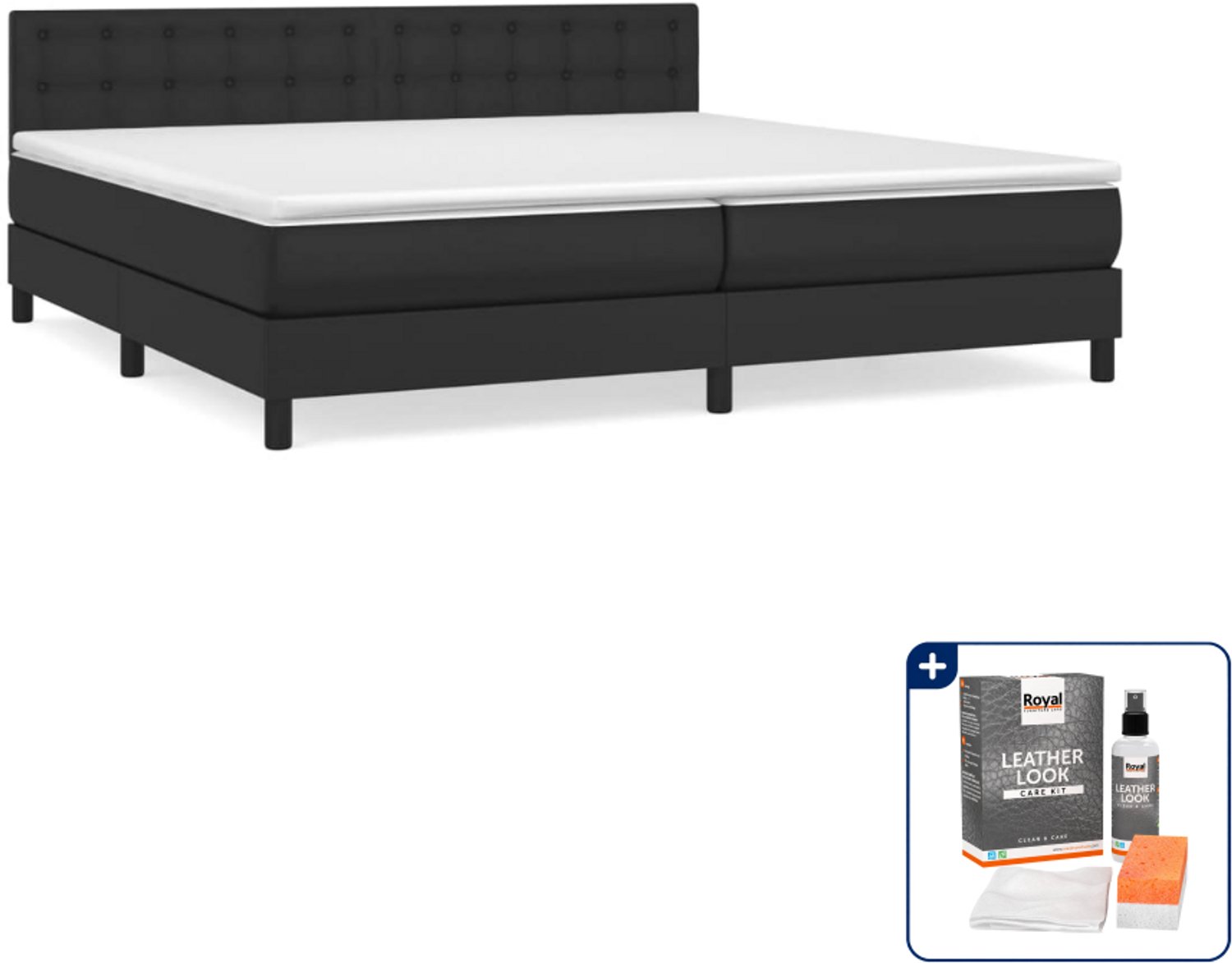 vidaXL boxspring met matras - Super kingsize - 200 x 200 cm - zwart - Inclusief onderhoudsset voor kunstleer 150 ml