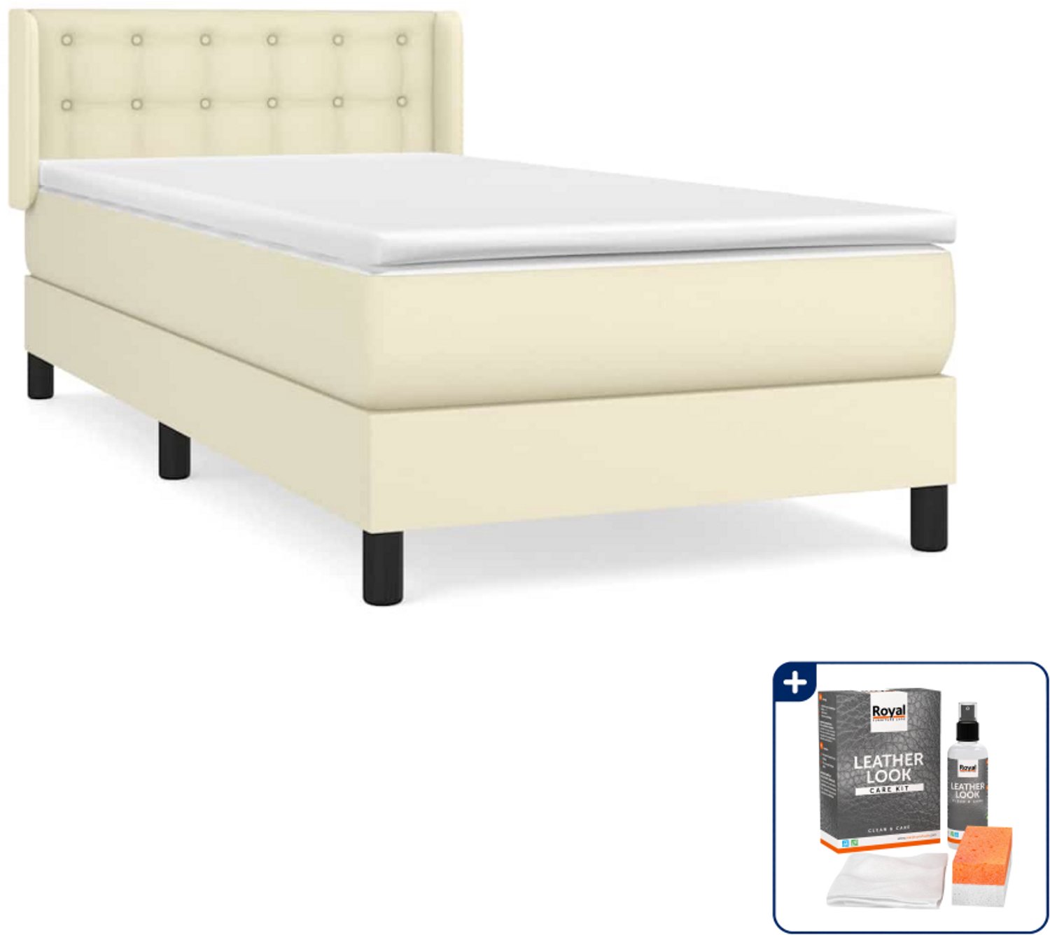 vidaXL boxspring met matras 100 x 200 cm - kunstleer - crème - Inclusief onderhoudsset voor kunstleer 150 ml