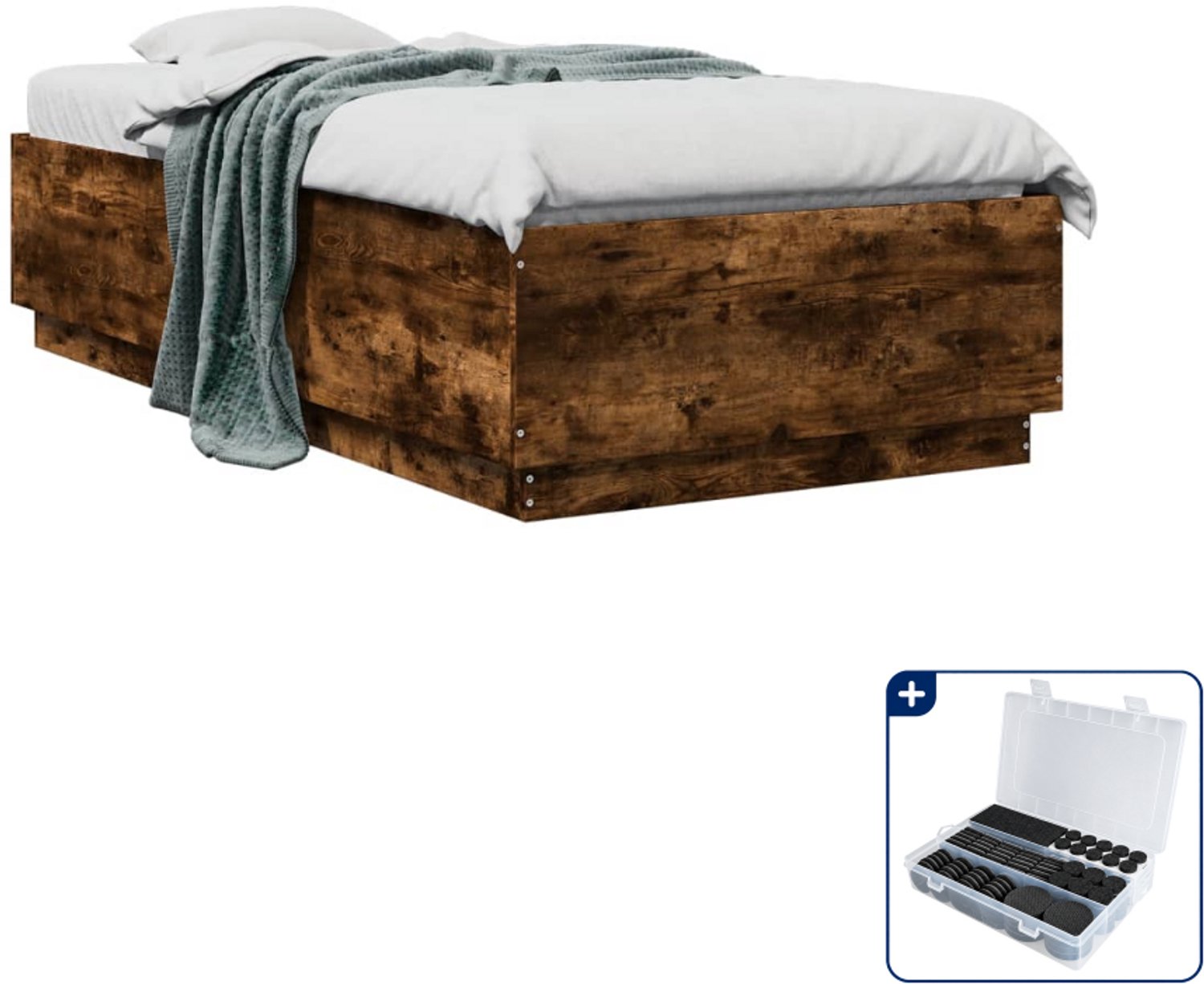vidaXL bedframe - 75 x 190 cm - bewerkt hout - gerookt eikenkleurig - Inclusief antikrasvilt 177-delig Blauw