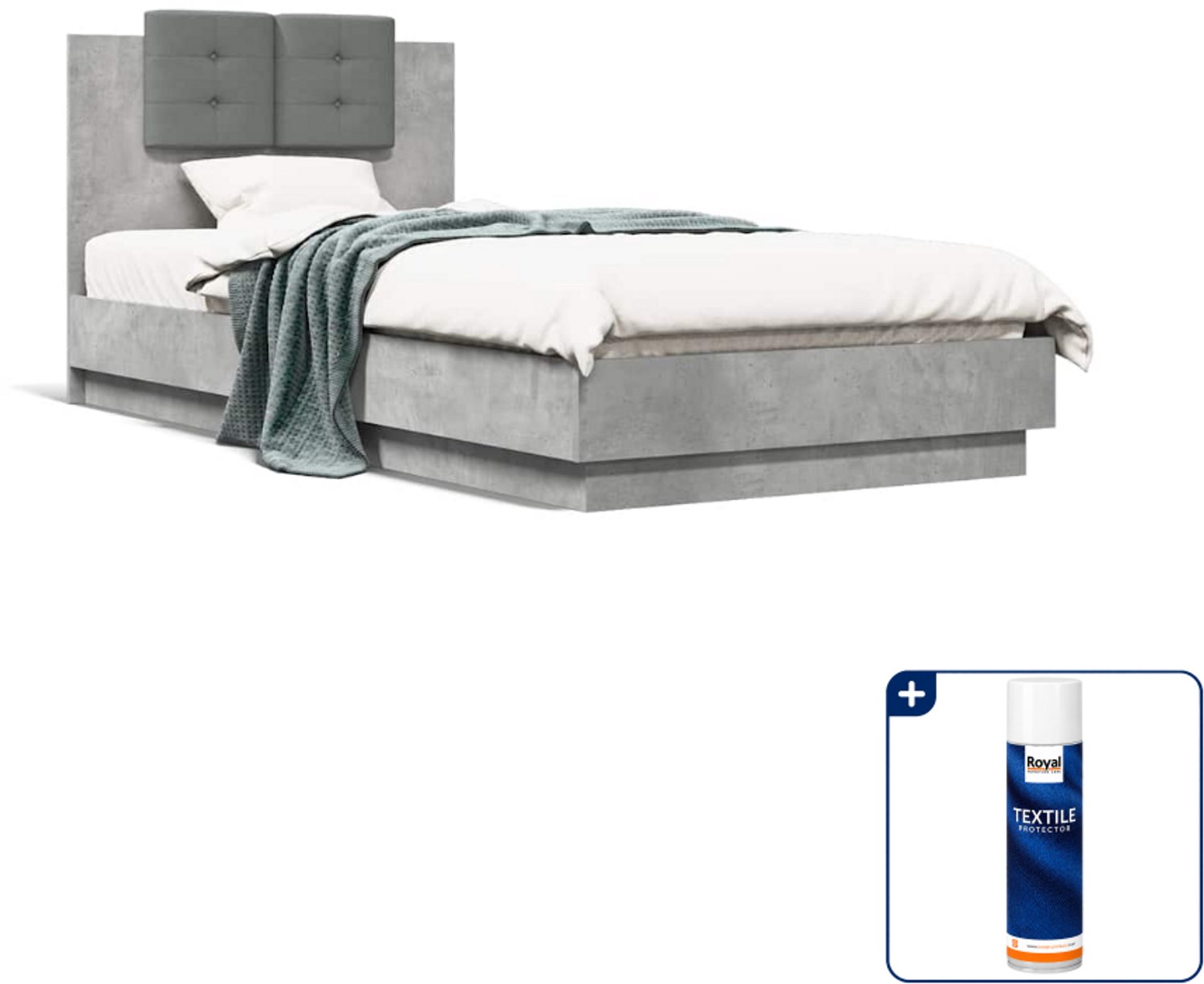 vidaXL bedframe met hoofdeinde - 90 x 200 cm - bewerkt hout - betongrijs - Inclusief textielbeschermer 500 ml Zwart