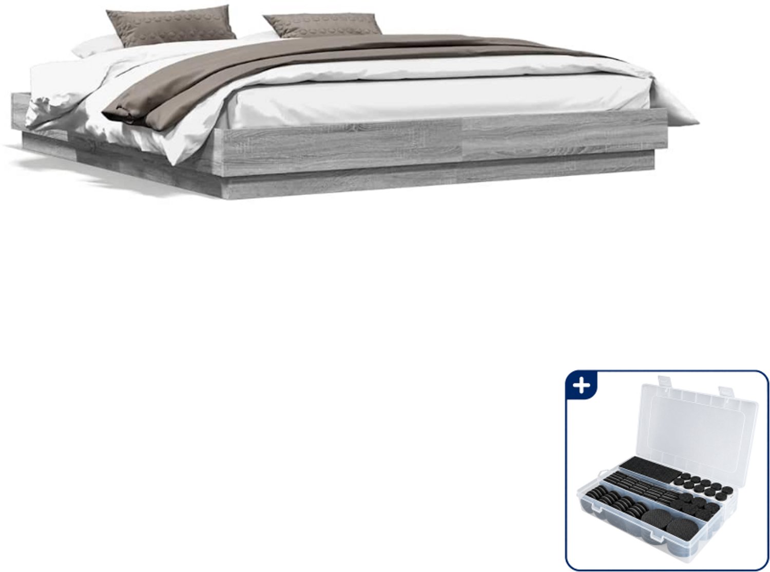 vidaXL Kingsize bedframe 180 x 200 cm - bewerkt hout - grijs sonoma - Inclusief antikrasvilt 177-delig Zwart