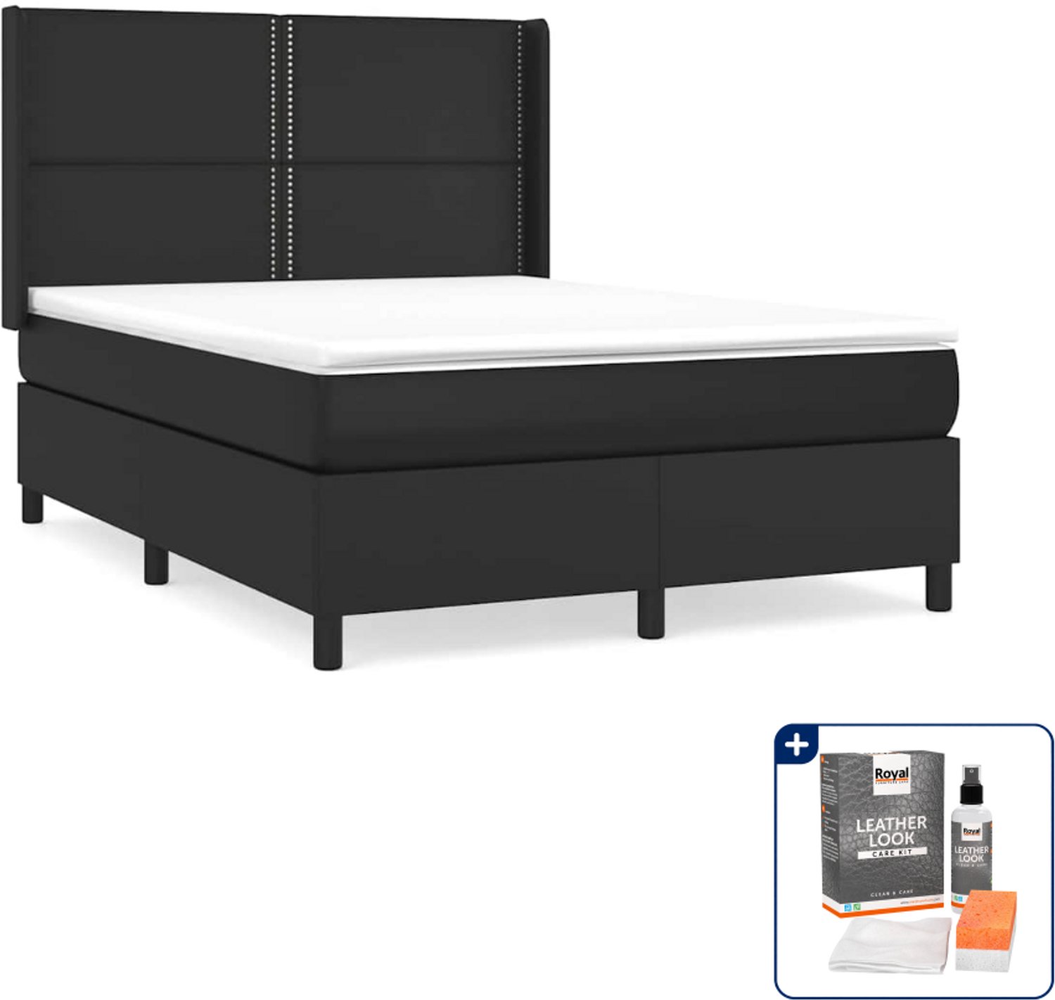 vidaXL Boxspring Small double - 140 x 200 cm - zwart - Inclusief onderhoudsset voor kunstleer 150 ml
