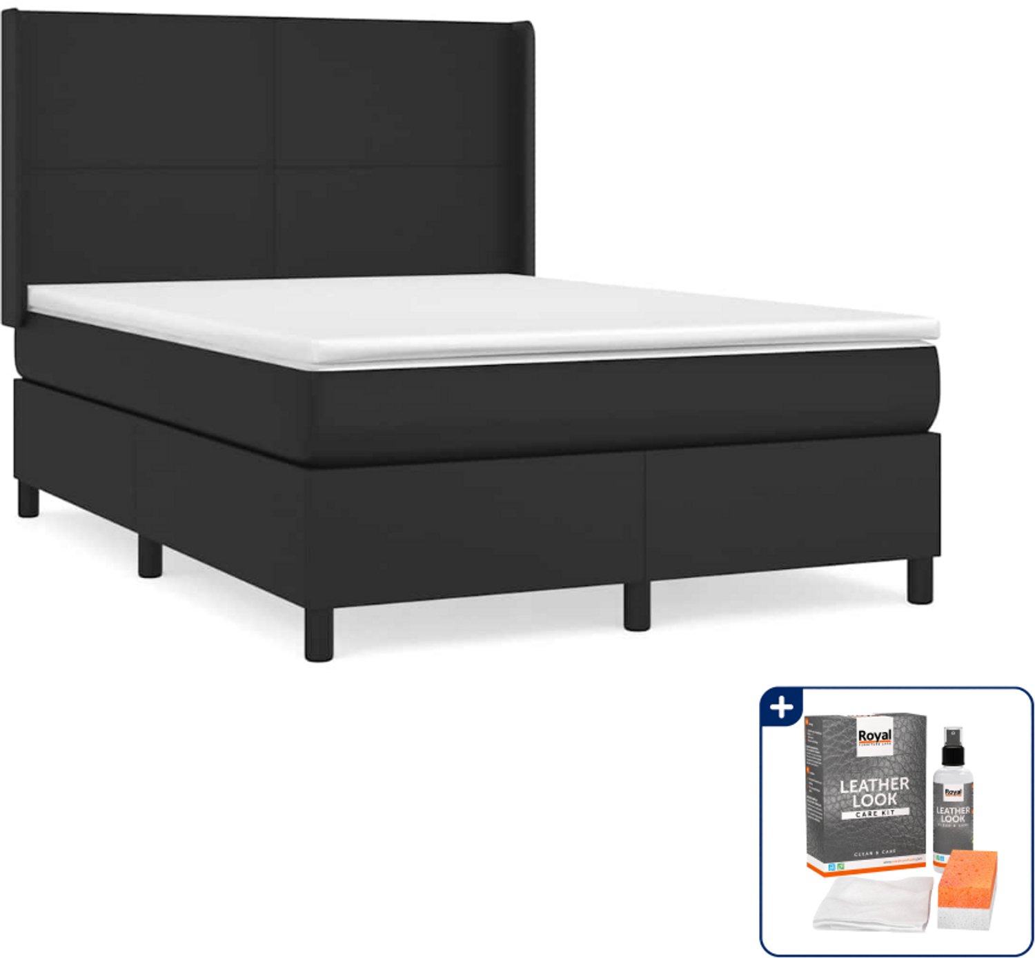 vidaXL boxspring - Small double - 140 x 200 cm - kunstleer - zwart - Inclusief onderhoudsset voor kunstleer 150 ml