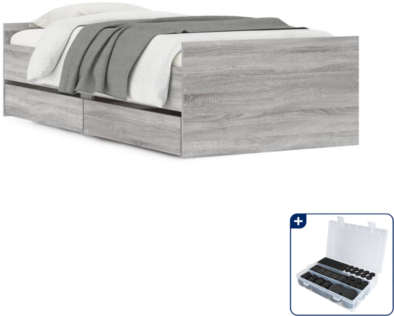 vidaXL bedframe met lades - 90 x 190 cm - bewerkt hout - grijs sonoma - Inclusief antikrasvilt 177-delig Groen