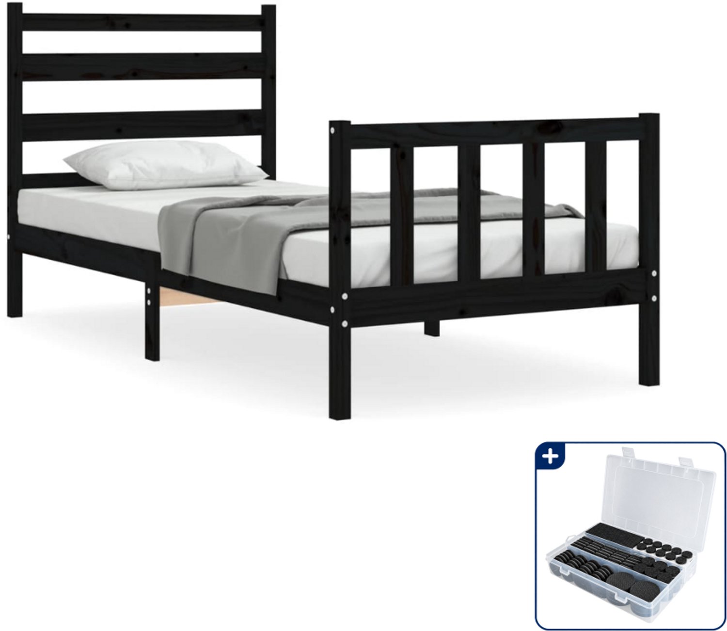 vidaXL bedframe met hoofdbord - 75 x 190 cm - massief grenenhout - zwart - Inclusief antikrasvilt 177-delig