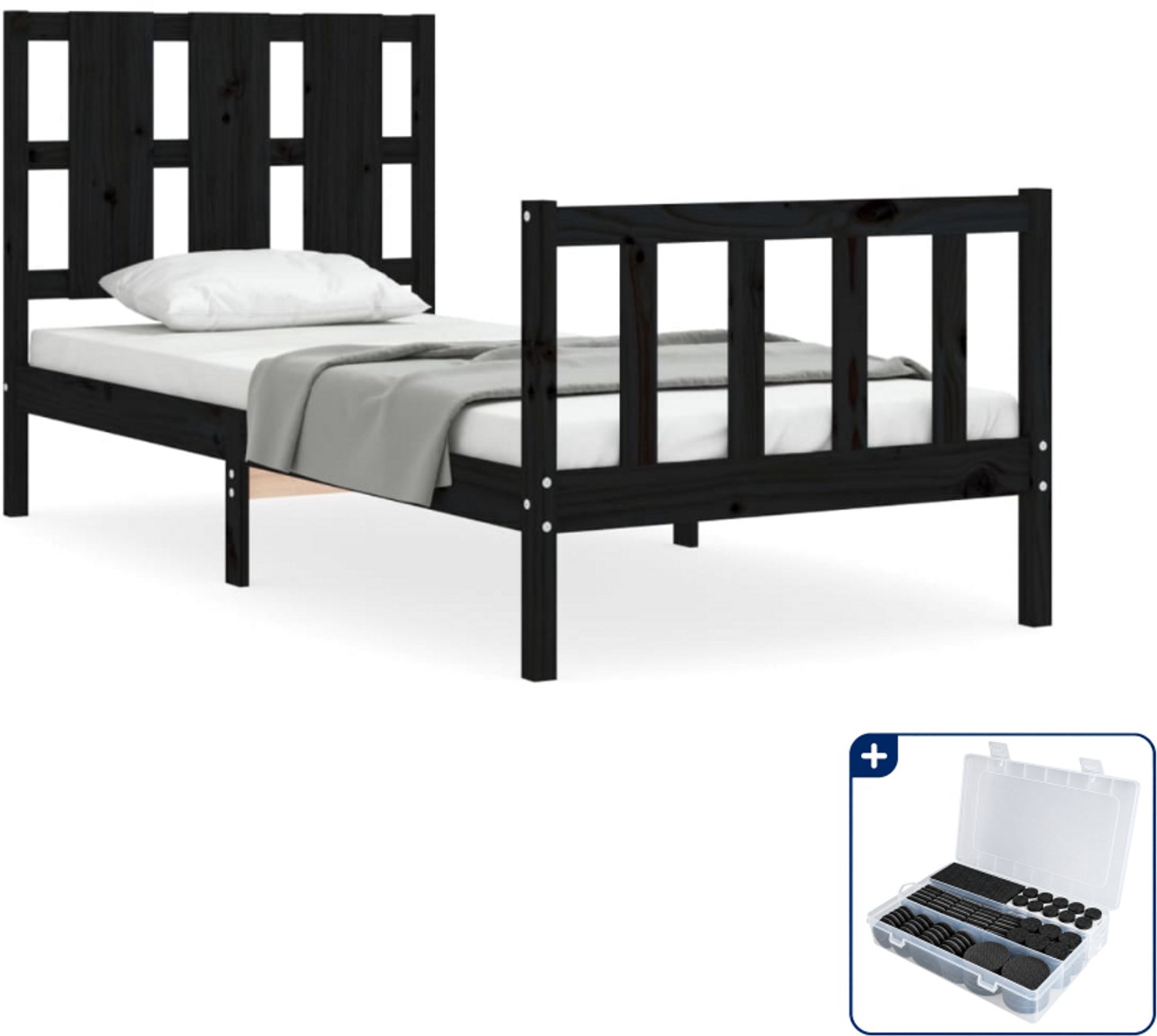 vidaXL Bedframe met hoofdbord - 75 x 190 cm - massief grenenhout - zwart - Inclusief antikrasvilt 177-delig