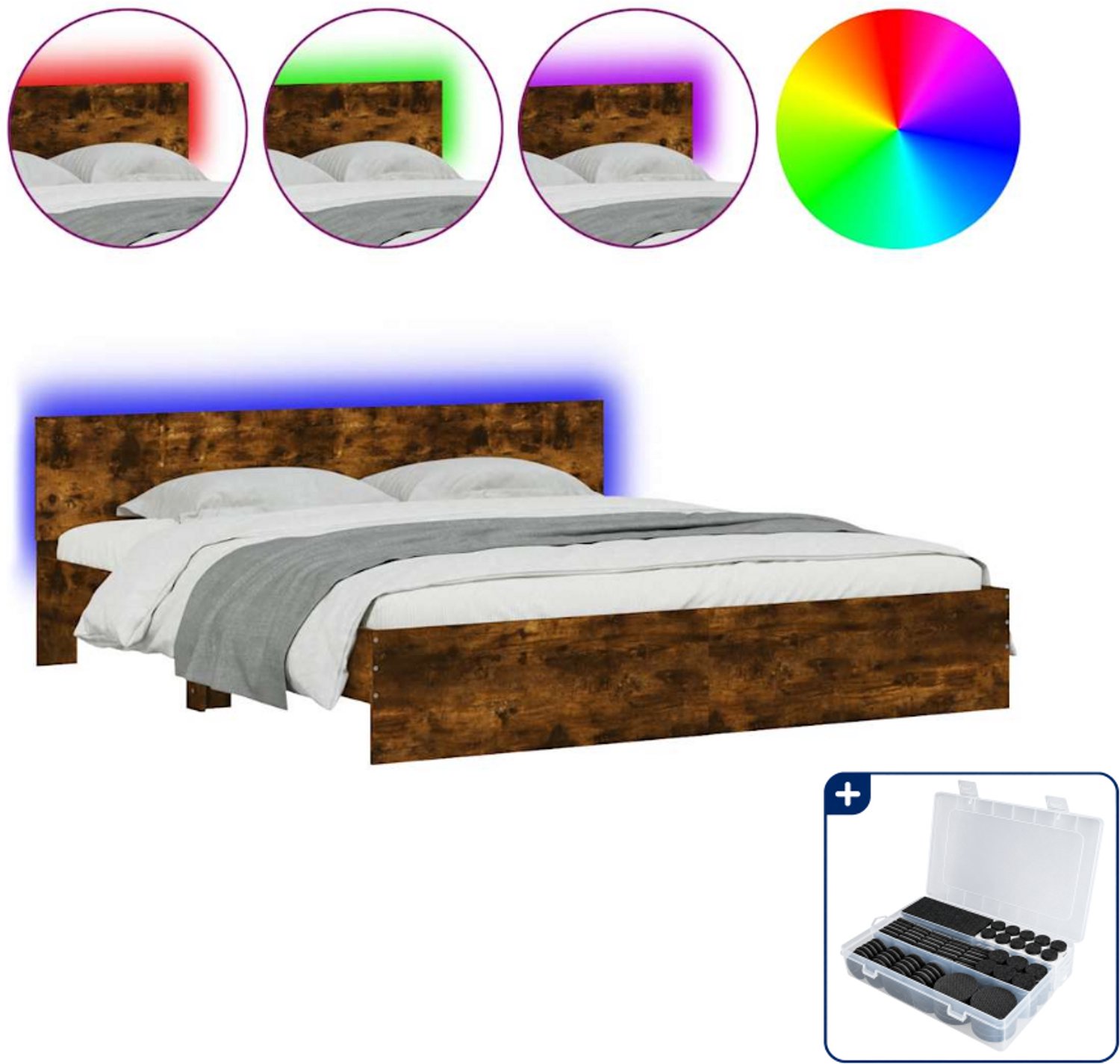 vidaXL Bedframe - Super kingsize - 200 x 200 cm - gerookt eikenkleur - Inclusief antikrasvilt 177-delig Zwart