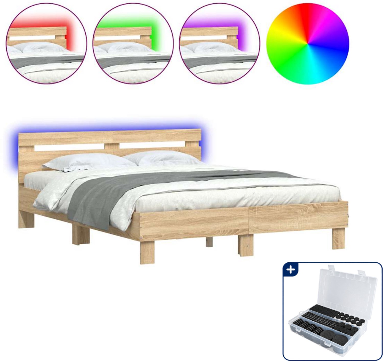 vidaXL Bedframe - Small double - 140 x 200 cm - sonoma eiken - Inclusief antikrasvilt 177-delig Grijs