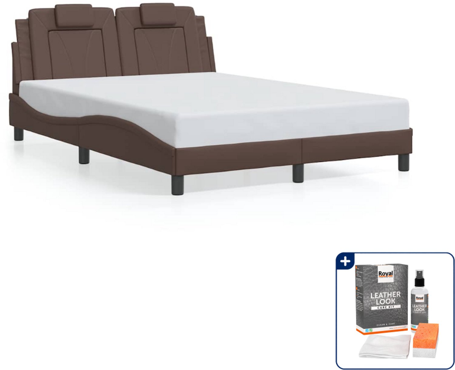 vidaXL Viana bedframe - 140 x 190 cm - kunstleer - bruin - Inclusief onderhoudsset voor kunstleer 150 ml Grijs