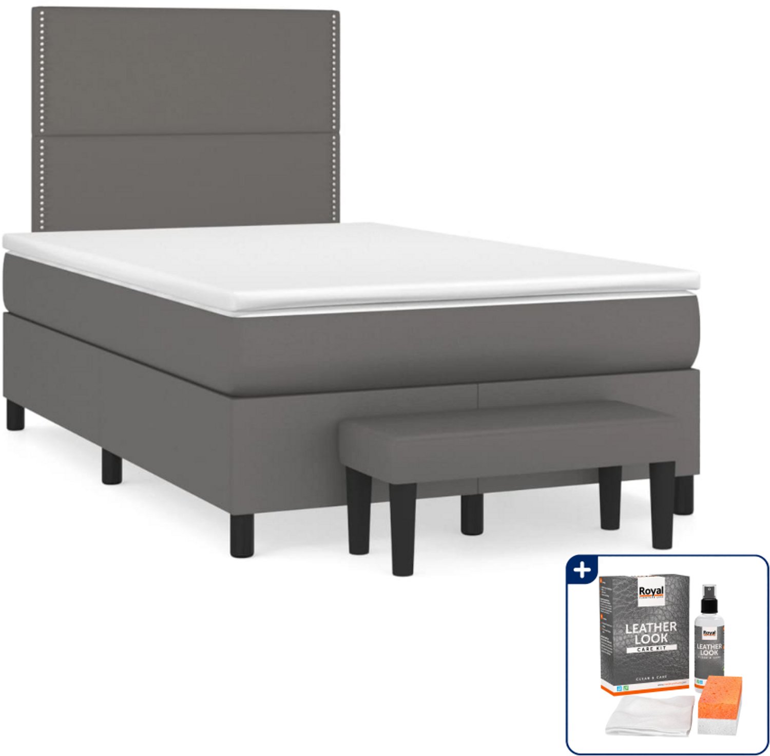 vidaXL boxspring met matras en bankje - 120 x 190 cm - grijs - Inclusief onderhoudsset voor kunstleer 150 ml