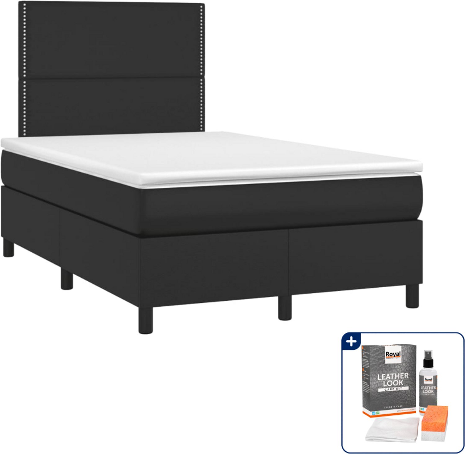 vidaXL Boxspring met matras - 120 x 190 cm - kunstleer - zwart - Inclusief onderhoudsset voor kunstleer 150 ml