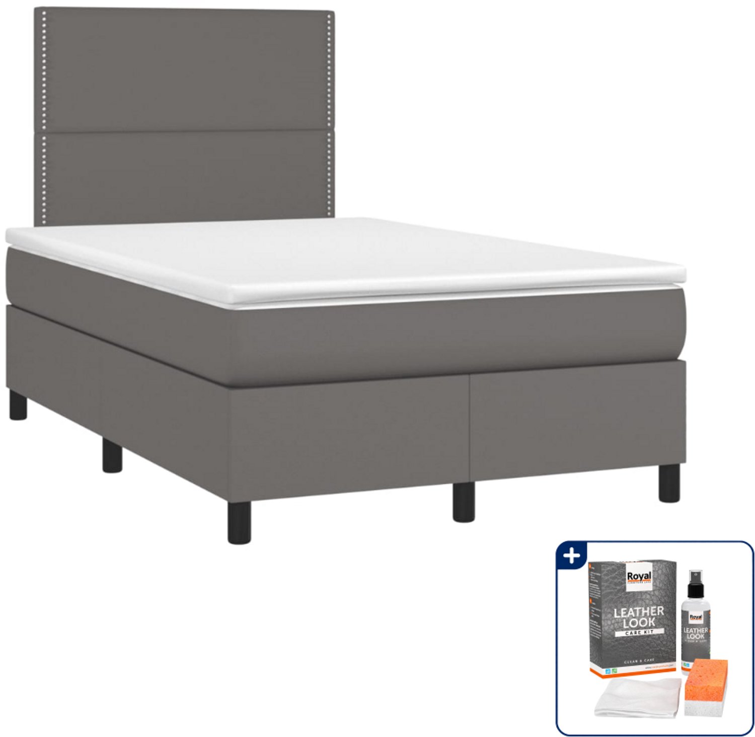 vidaXL boxspring met matras - 120 x 190 cm - kunstleer - grijs - Inclusief onderhoudsset voor kunstleer 150 ml