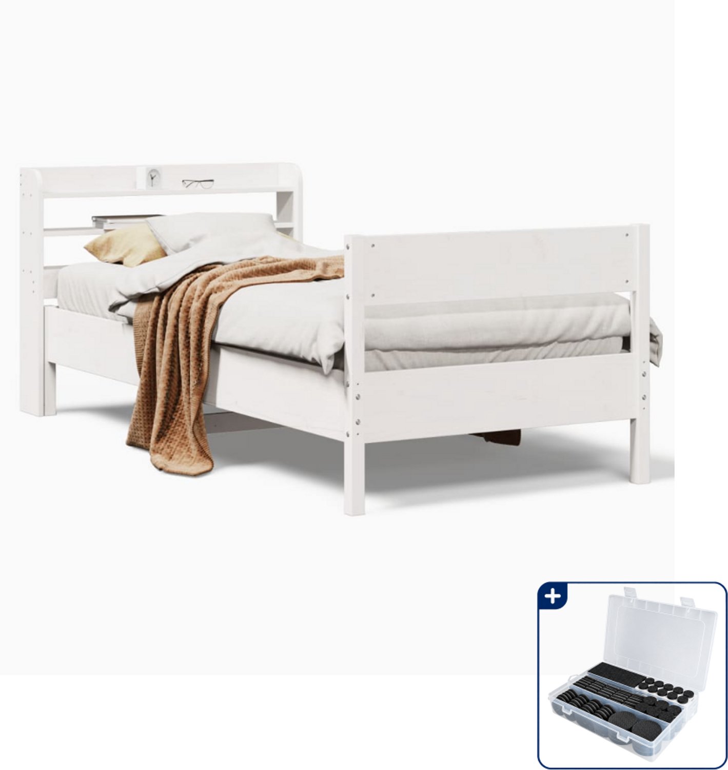 vidaXL bedframe - 75 x 190 cm - massief grenenhout - wit - Inclusief antikrasvilt 177-delig Bruin