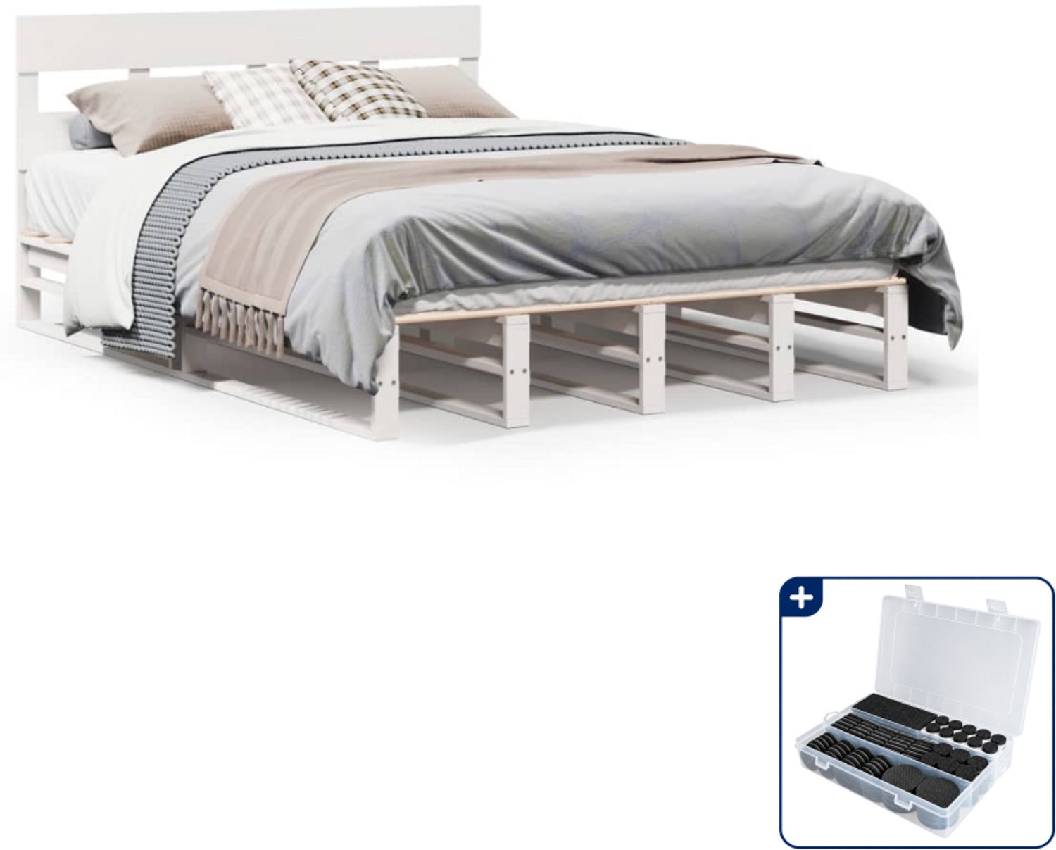 vidaXL Bedframe Small double - 140 x 200 cm - massief grenenhout - wit - Inclusief antikrasvilt 177-delig