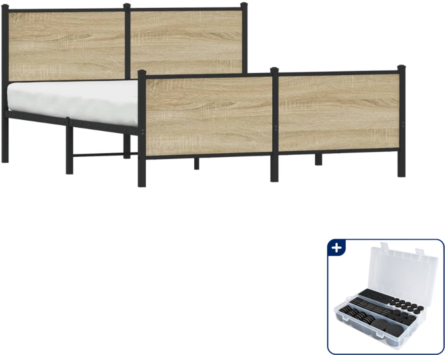 vidaXL Bedframe Queensize - 160 x 200 cm - staal en bewerkt hout - Inclusief antikrasvilt 177-delig