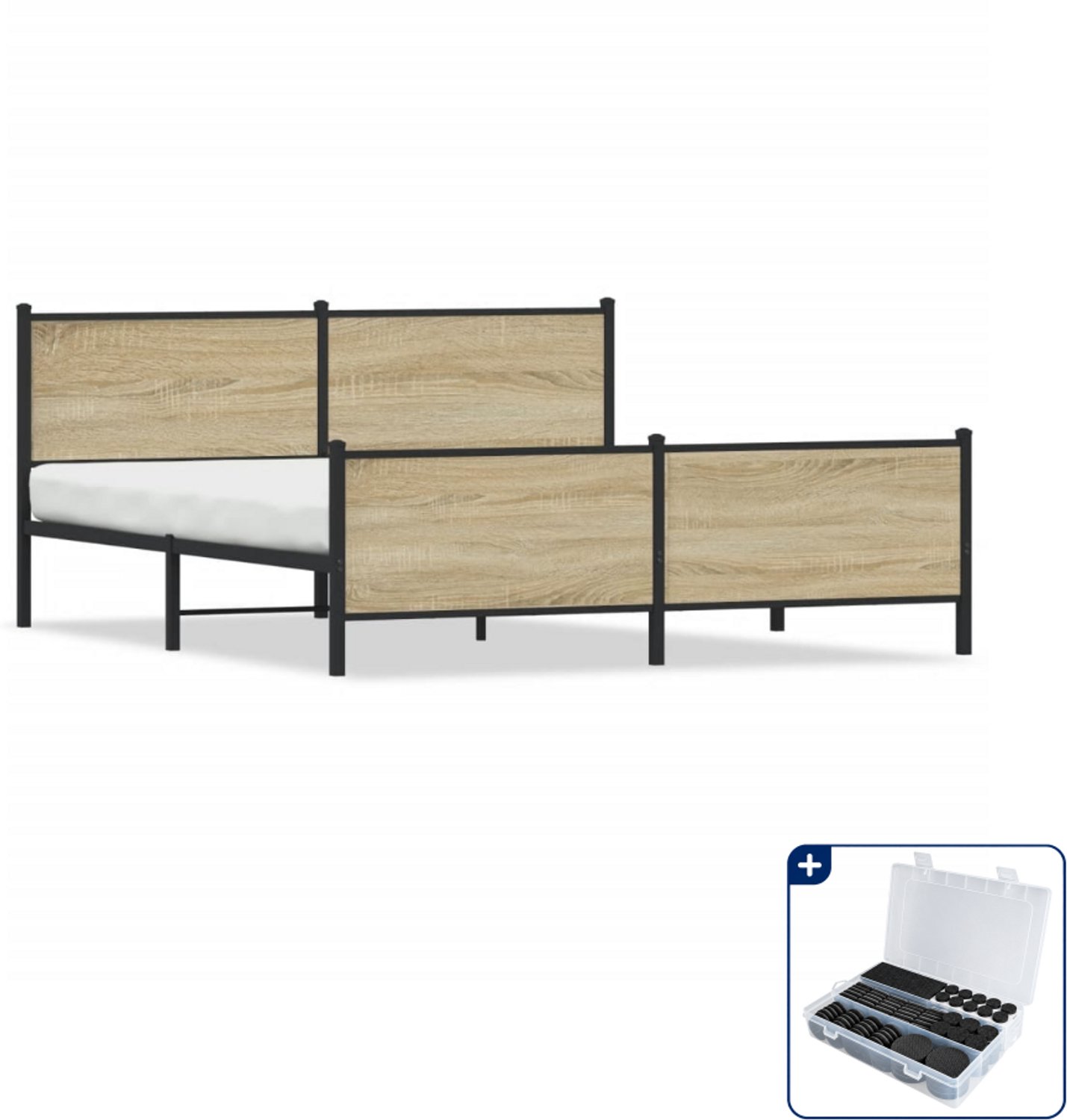 vidaXL Bedframe - 193 x 203 cm - staal en bewerkt hout - sonoma eiken - Inclusief antikrasvilt 177-delig Wit