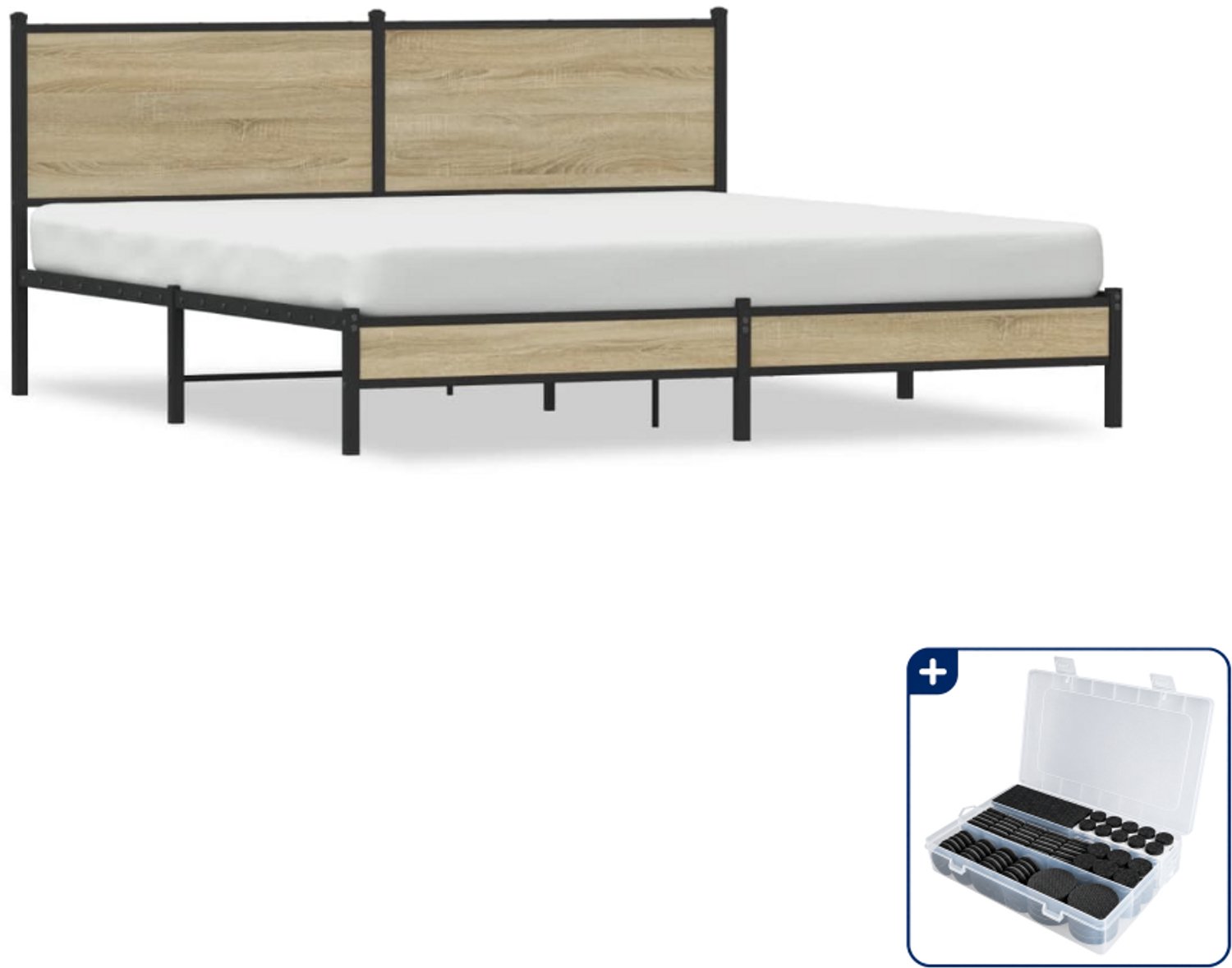 vidaXL bedframe - Kingsize - 180 x 200 cm - staal en hout - sonoma eiken - Inclusief antikrasvilt 177-delig Bruin