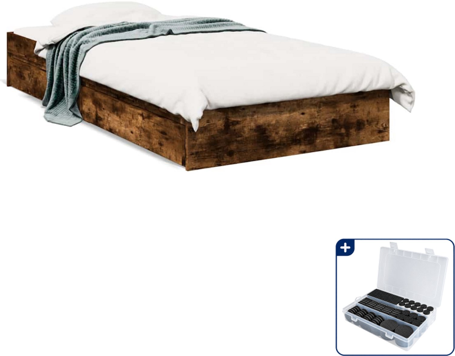 vidaXL bedframe met lades - 90 x 200 cm - bewerkt hout - gerookt eiken - Inclusief antikrasvilt 177-delig Bruin