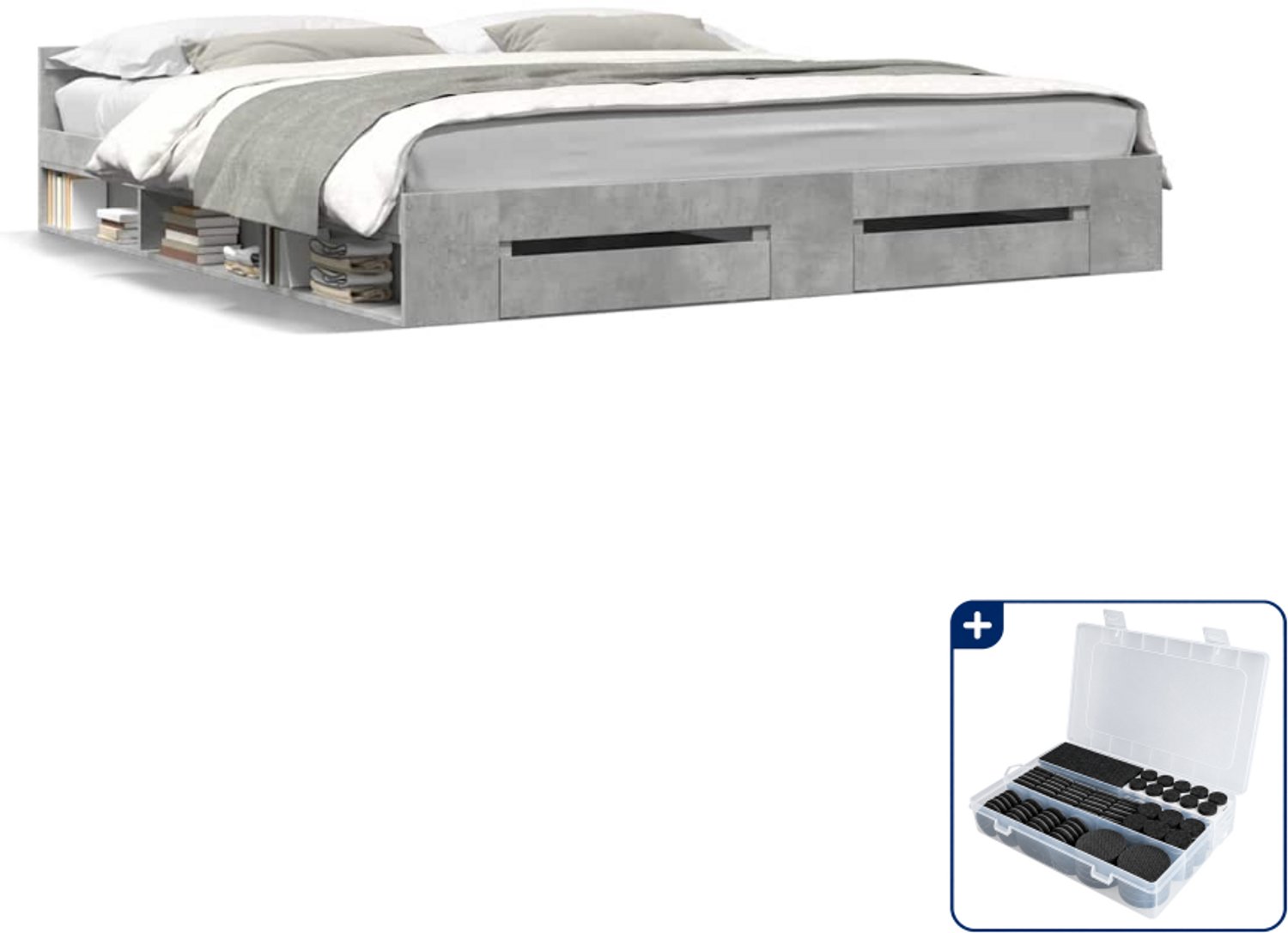 vidaXL bedframe met lades Kingsize - 180 x 200 cm - betongrijs - Inclusief antikrasvilt 177-delig Wit