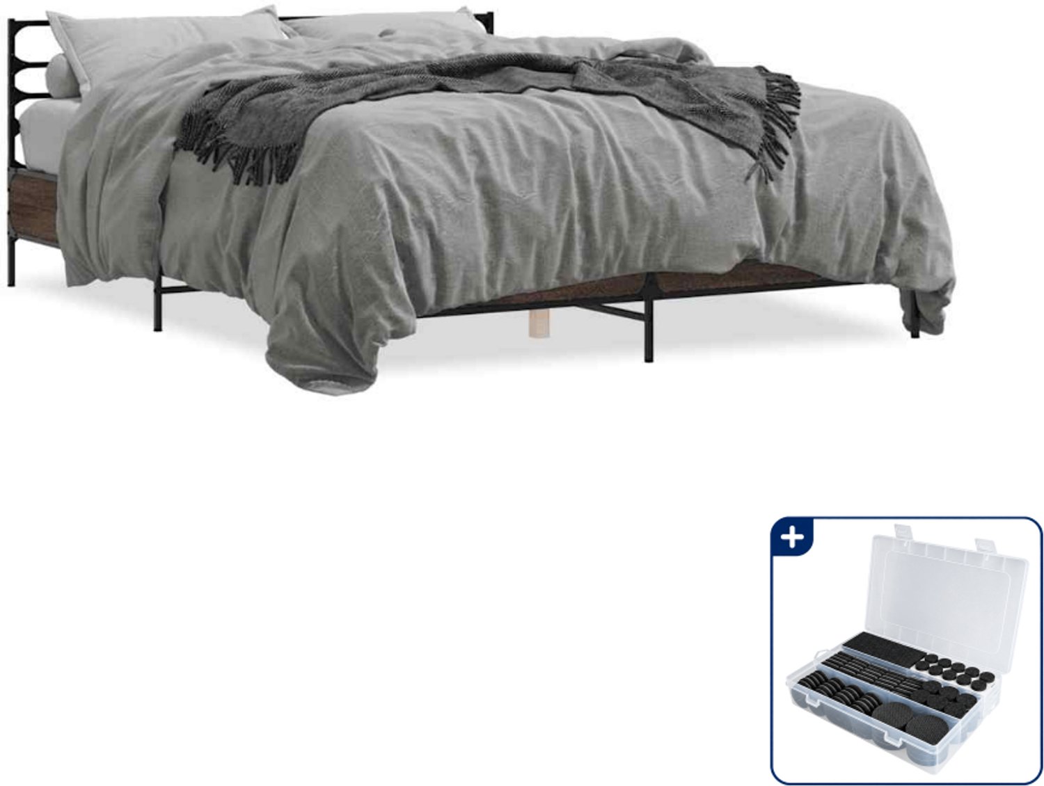 vidaXL bedframe - 150 x 200 cm - bewerkt hout en metaal - bruineiken - Inclusief antikrasvilt 177-delig Zwart