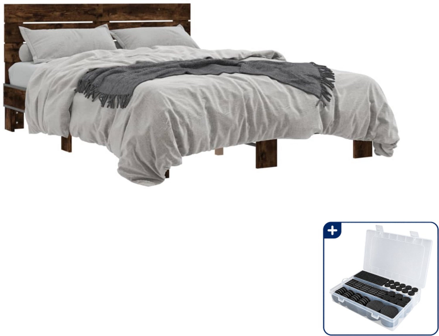 vidaXL bedframe - Small double - 140 x 200 cm - gerookt eiken - Inclusief antikrasvilt 177-delig Grijs
