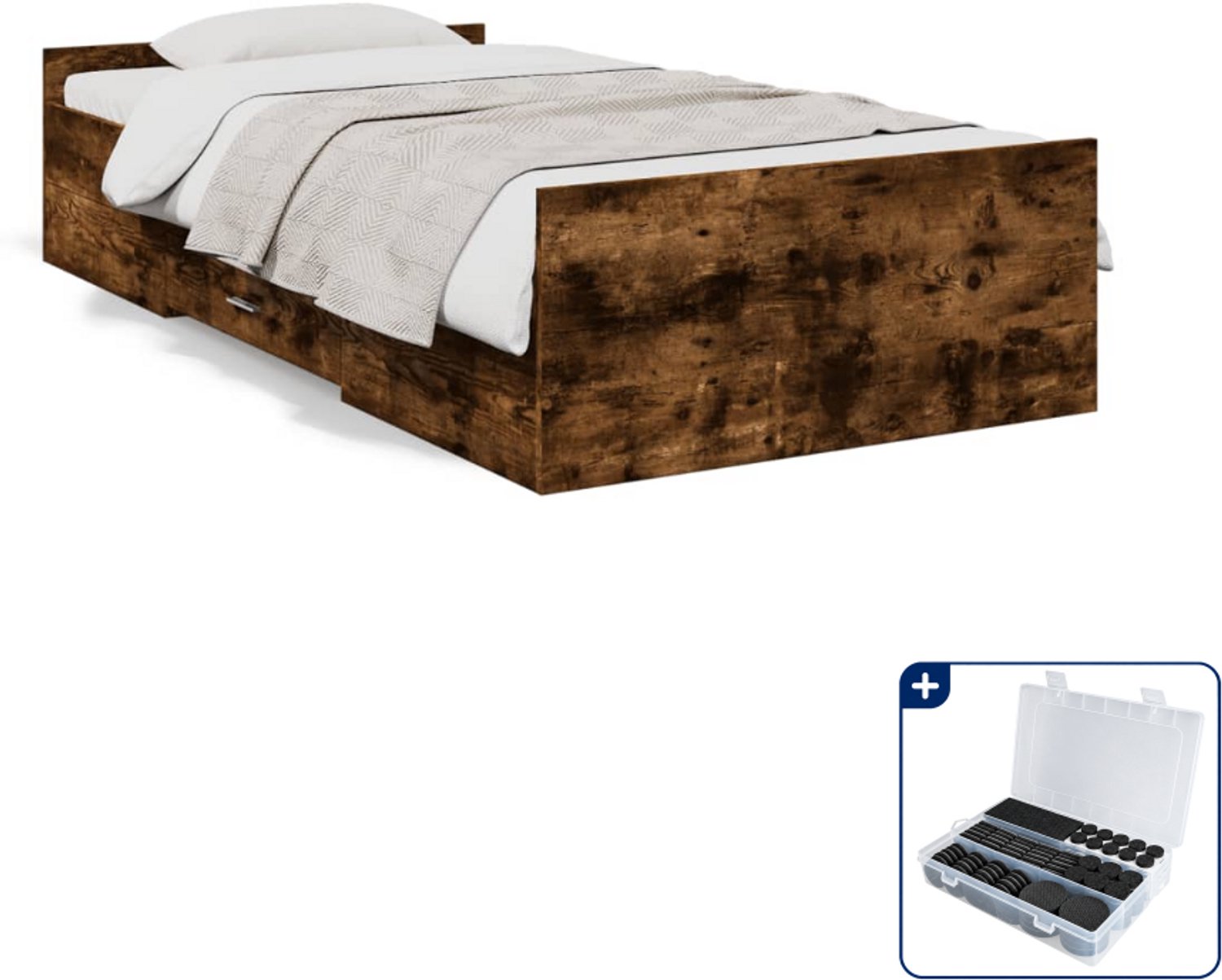 vidaXL Bedframe - 90 x 190 cm - bewerkt hout - gerookt eiken - Inclusief antikrasvilt 177-delig Bruin
