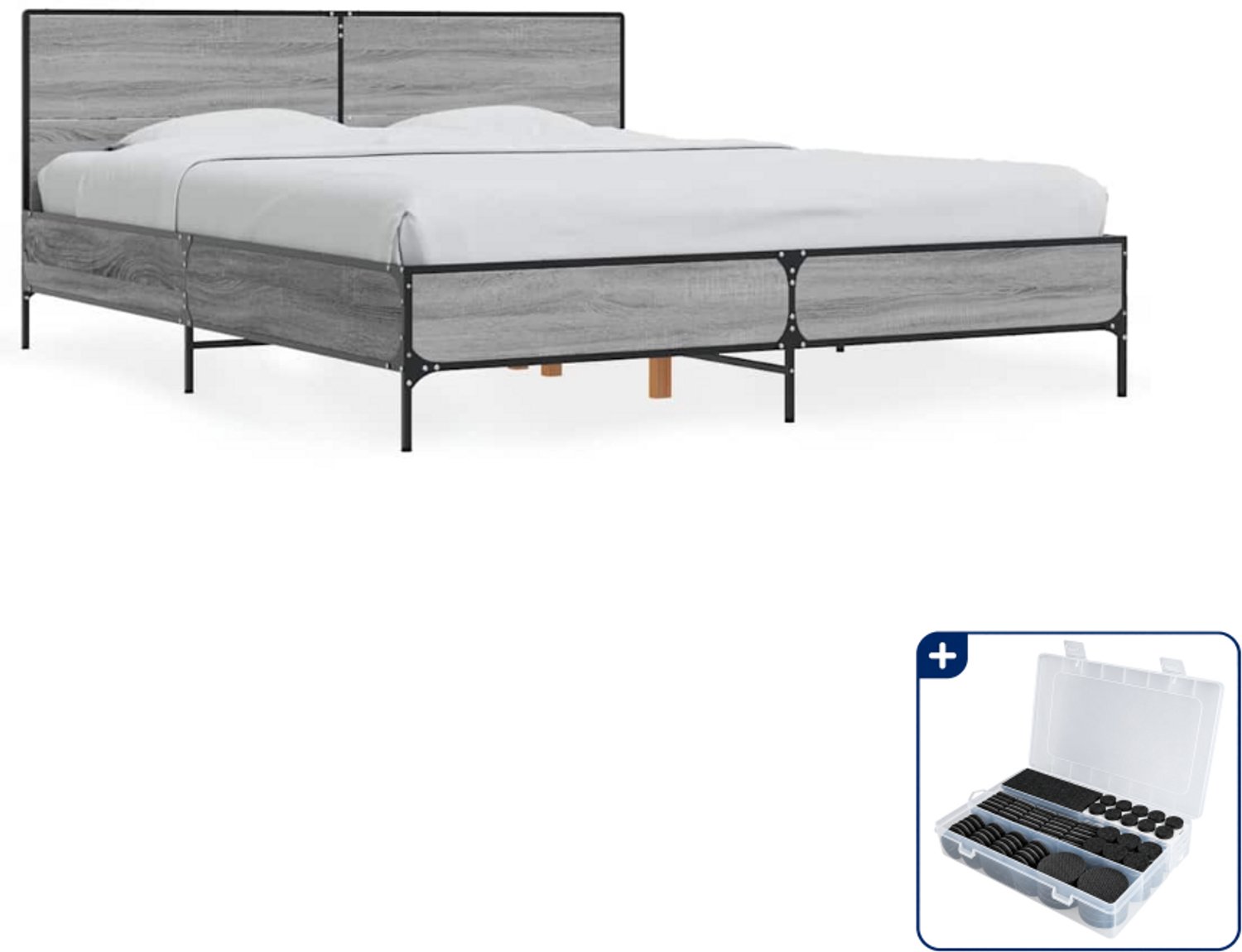 vidaXL bedframe - 150 x 200 cm - bewerkt hout en metaal - grijs sonoma - Inclusief antikrasvilt 177-delig Bruin