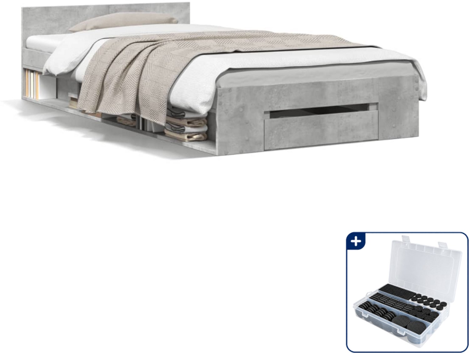 vidaXL bedframe met lade - 90 x 190 cm - bewerkt hout - betongrijs - Inclusief antikrasvilt 177-delig wit