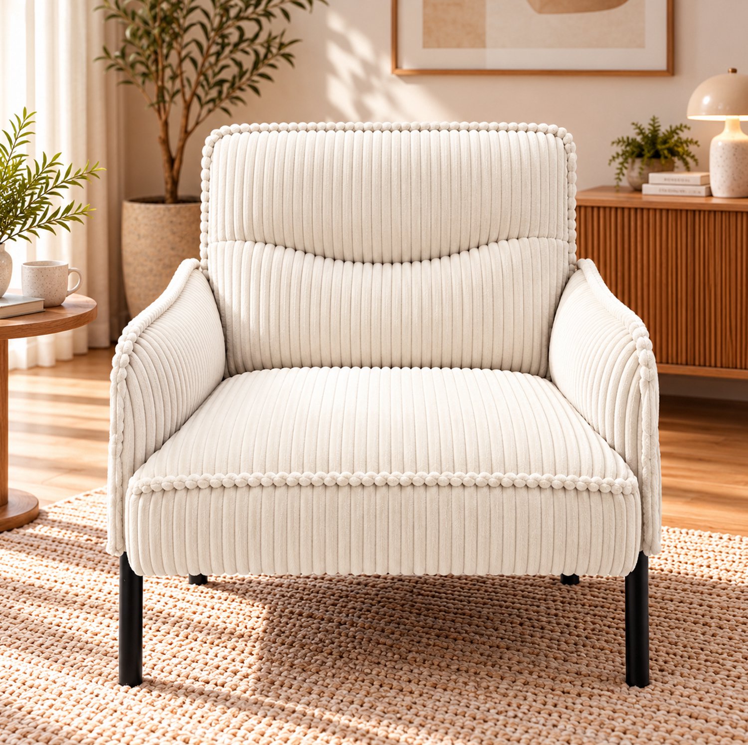 Wishdor Fauteuil voor één persoon - Zachte ribstof en hoge rugleuning - Armleuningen en zijvakken - Metalen poten - Woonkamer slaapkamer en leeshoek - Beige - 73 x 69 x 83 cm