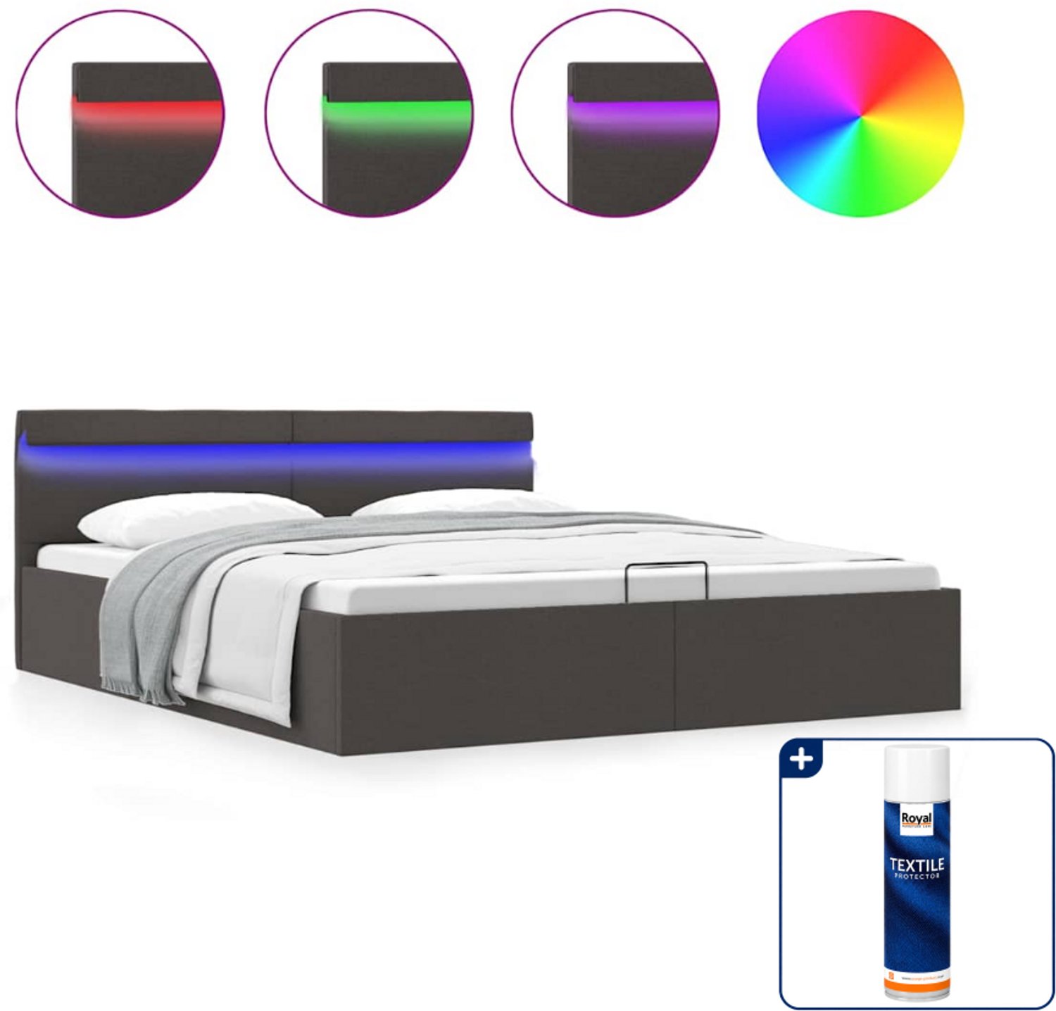 vidaXL bedframe met opbergruimte en LED - Queensize - 160 x 200 cm - donkergrijs - Inclusief textielbeschermer 500 ml Bruin