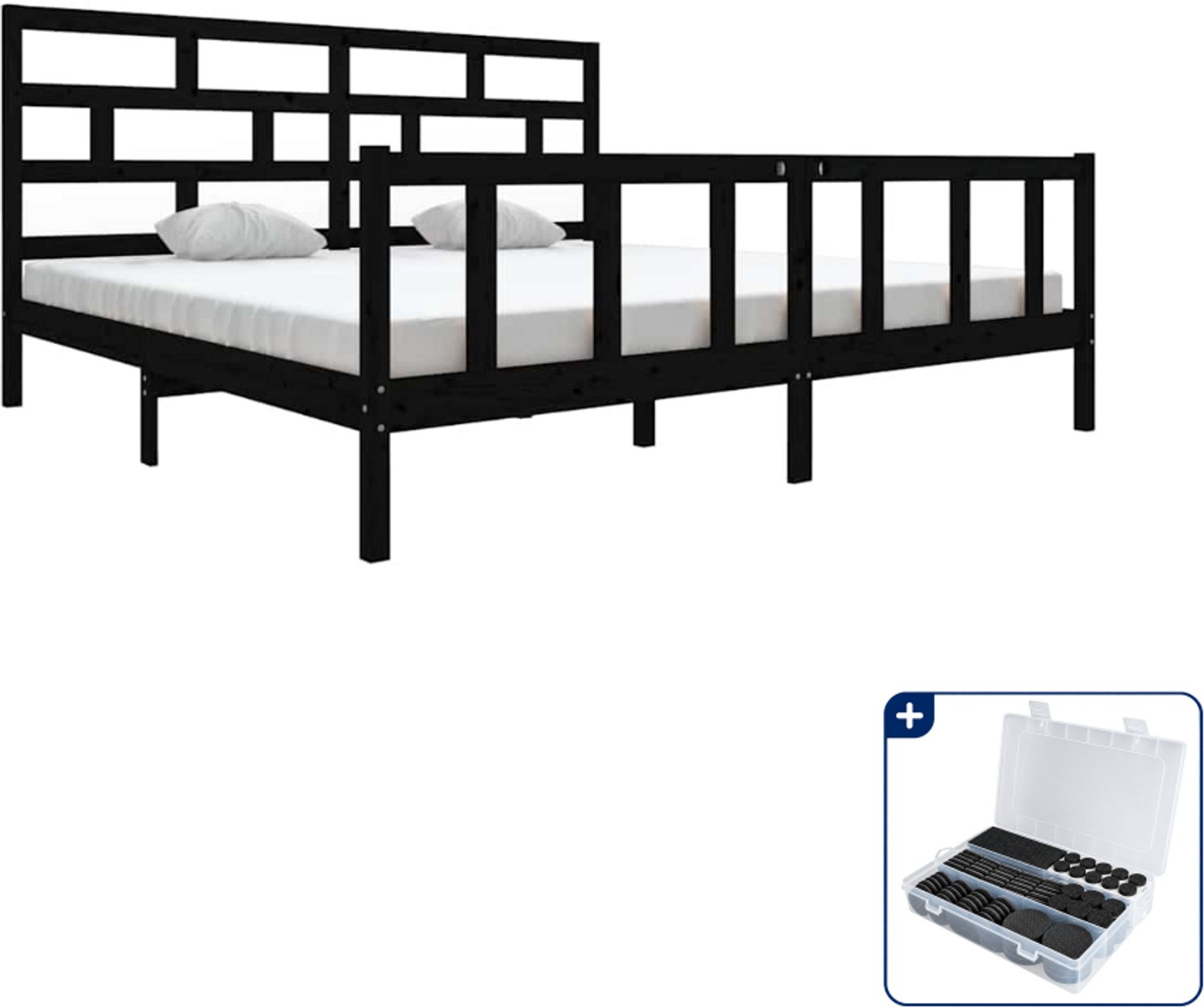 vidaXL bedframe - 200 x 200 cm - massief grenenhout - zwart - Inclusief antikrasvilt 177-delig