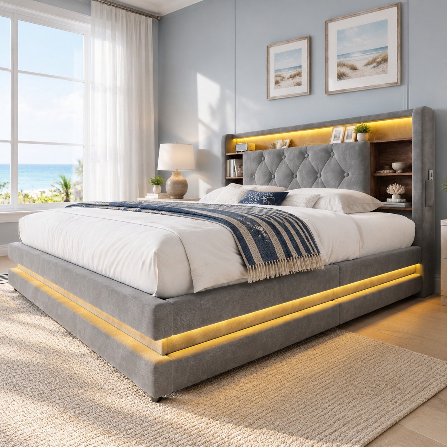Wishdor Bed 140x200 cm - Gestoffeerd bed met hydraulische opbergruimte - Hoofdbord met vakken en zijvakken - LED-verlichting en USB-aansluitingen - Moderne slaapkamer - Fluweel - Donkergrijs