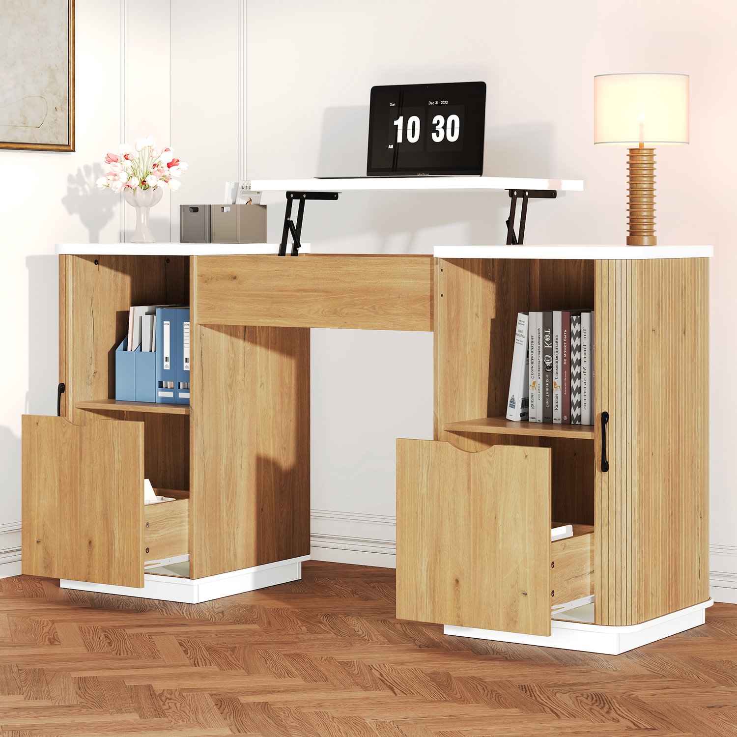 OKWISH Bureauset met Archiefkast - Handmatig Verstelbaar Bureau met Opbergruimte - Voor Werkkamer en Kantoor - MDF Wit en Eikenlook - 140 cm Lichte eikenhoutlook