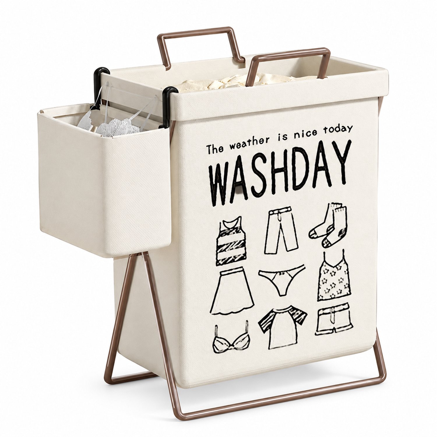 Grote inklapbare wasmand van katoen-linnenstof met frame en zijmandje voor ondergoed