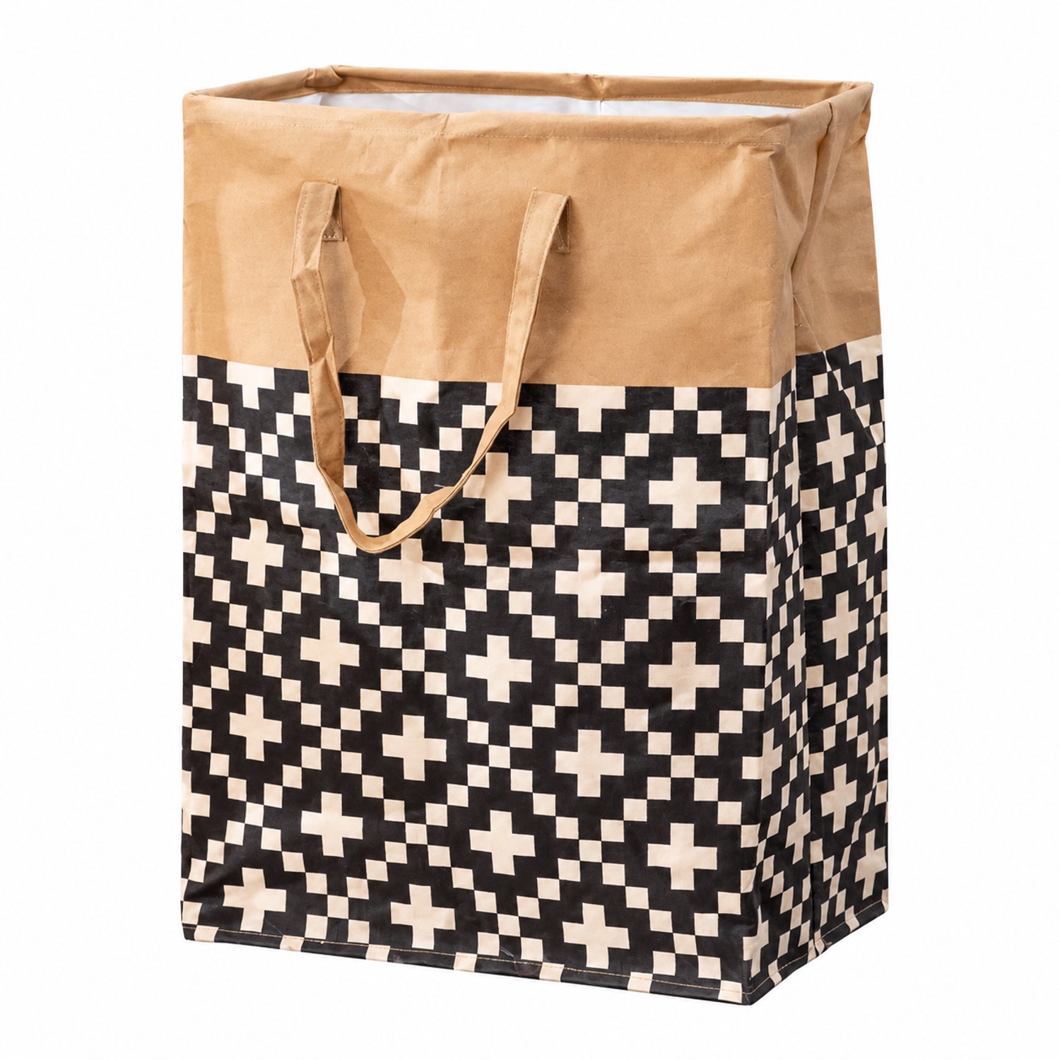 Opvouwbare wasmand met draaghengsels - Rechthoekig en open - Beige en zwart geometrisch patroon - Voor kleding, handdoeken en speelgoed
