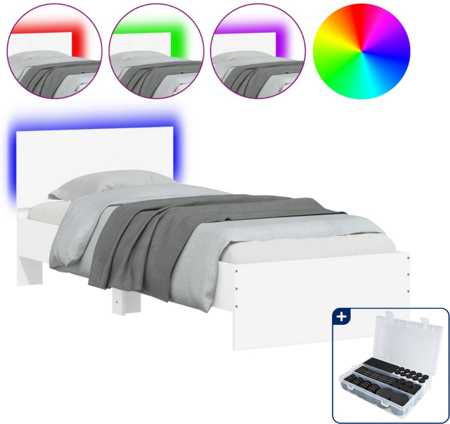 vidaXL Bedframe met led - 90 x 200 cm - bewerkt hout - wit - Inclusief antikrasvilt 177-delig