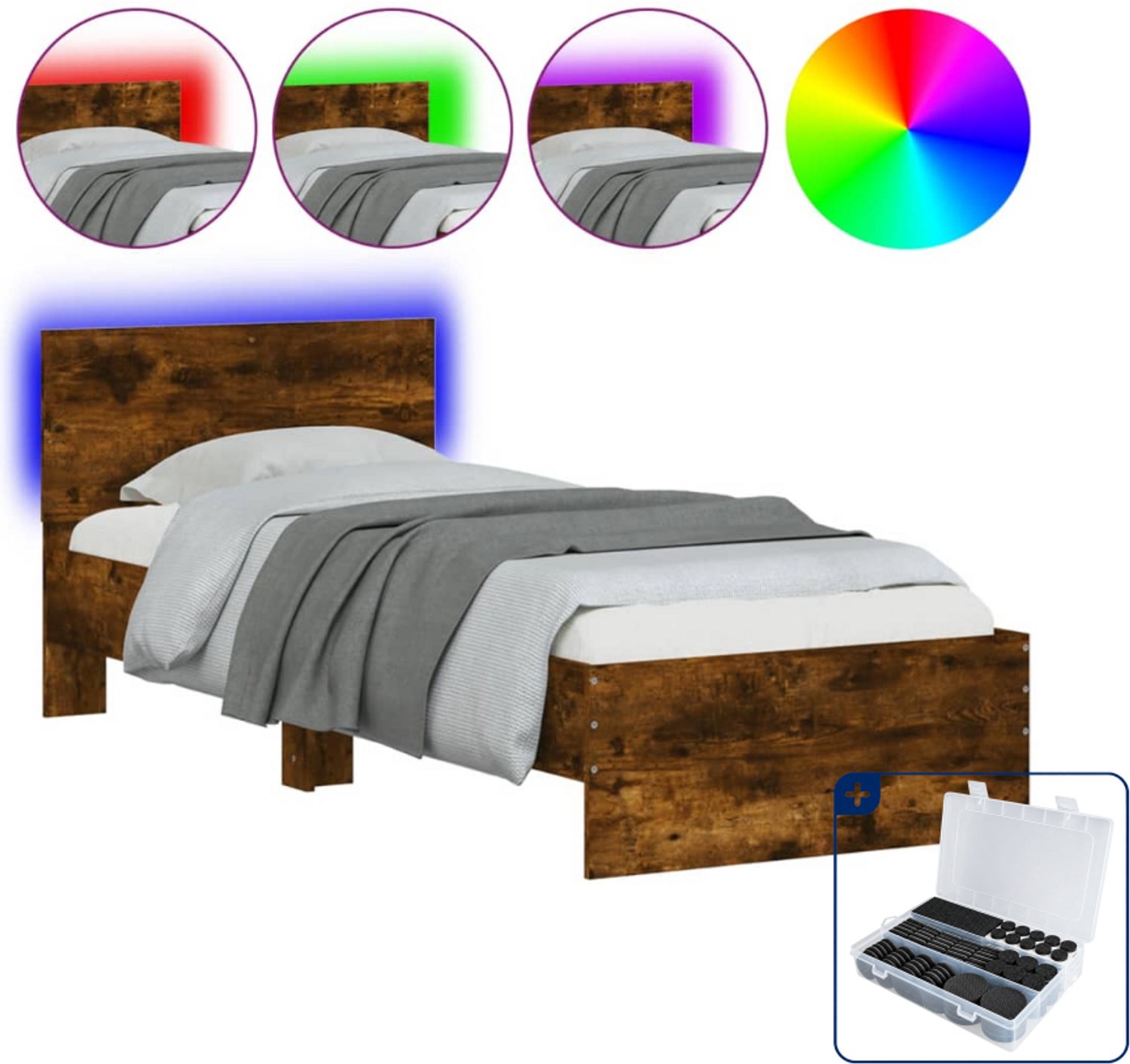 vidaXL bedframe met hoofdbord en led - 90 x 190 cm - gerookt eiken - Inclusief antikrasvilt 177-delig Bruin