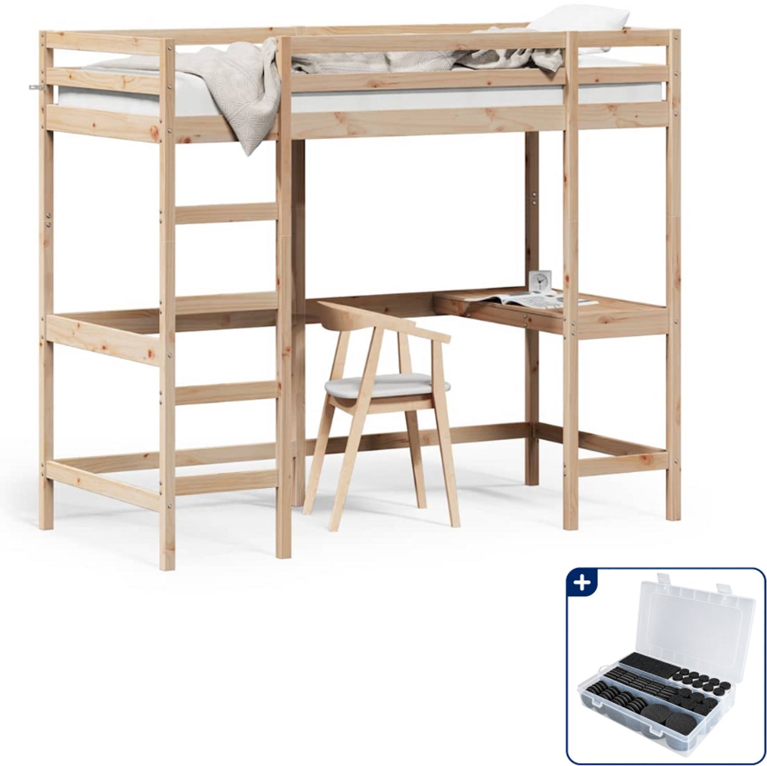 vidaXL hoogslaper met bureau - 90 x 200 cm - massief grenenhout - Inclusief antikrasvilt 177-delig Bruin