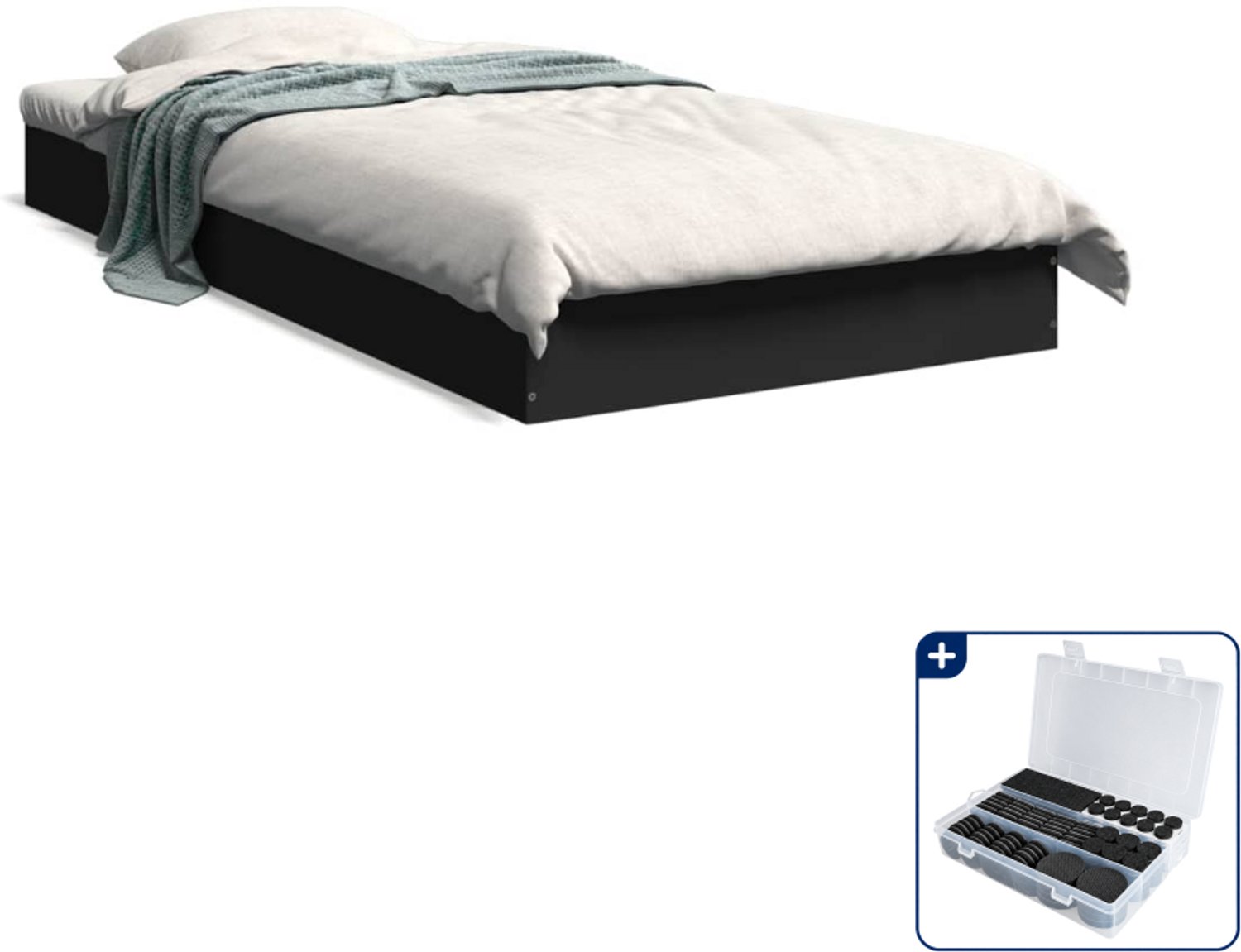 vidaXL bedframe - 75 x 190 cm - bewerkt hout - zwart - Inclusief antikrasvilt 177-delig